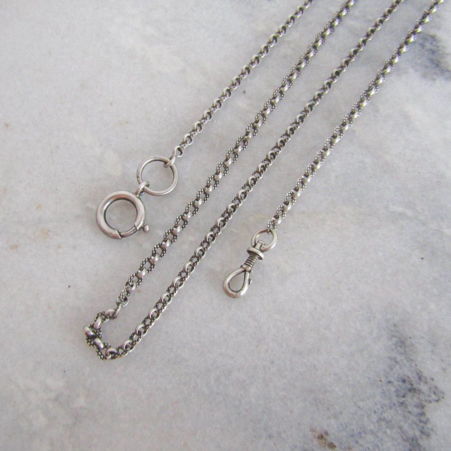 Antique Silver Half Guard Chain, Textured Victorian chain with Hanging dog clip clasp and Bolt Ring