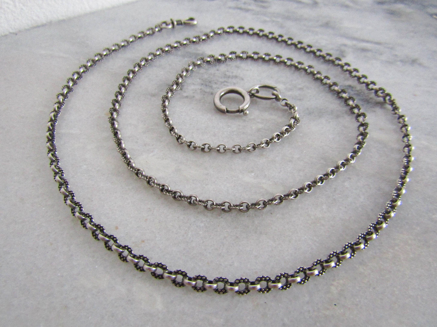 Antique Silver Half Guard Chain, Textured Victorian chain with Hanging dog clip clasp and Bolt Ring