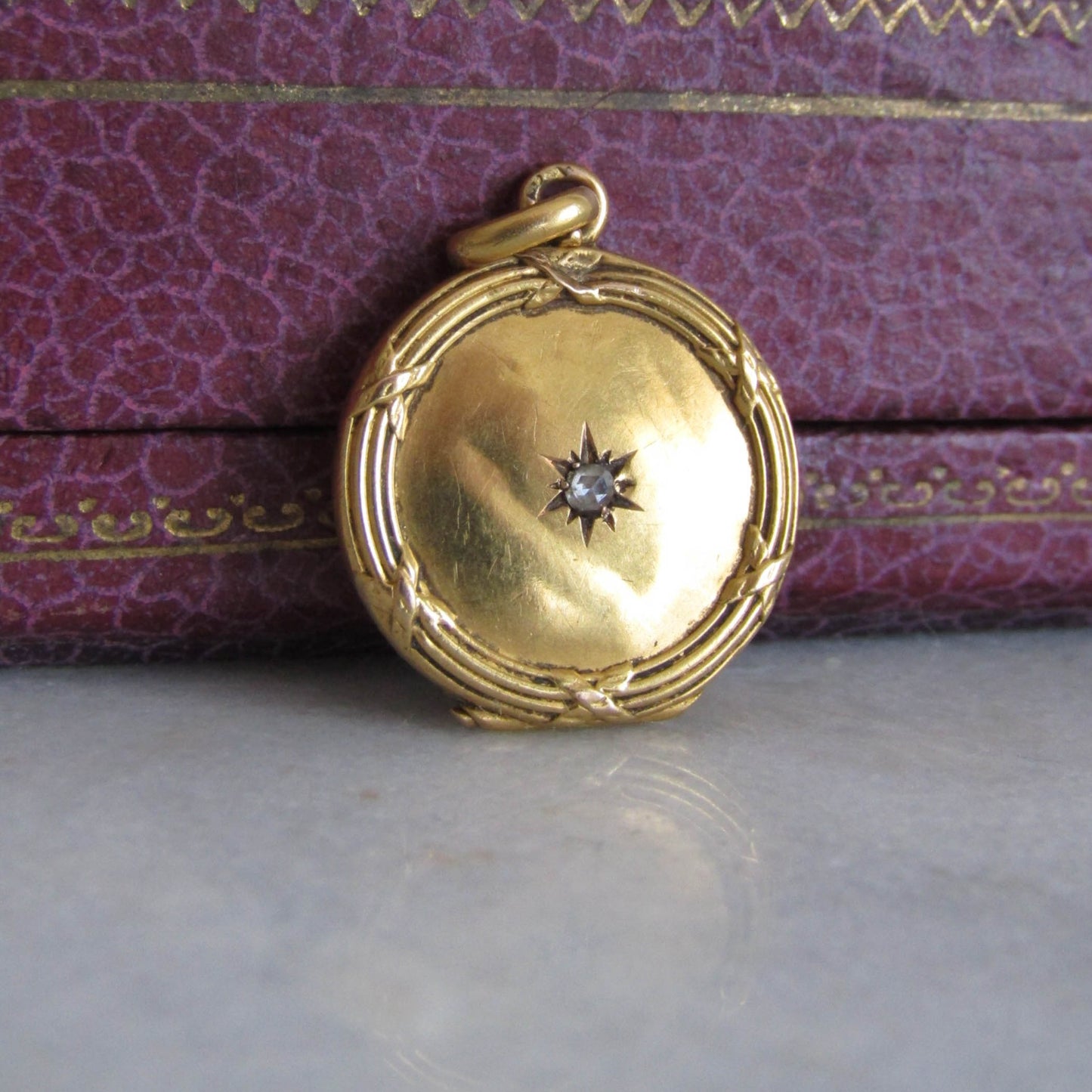 18K Solid Gold Edwardian Locket with Rose Cut Diamond Center