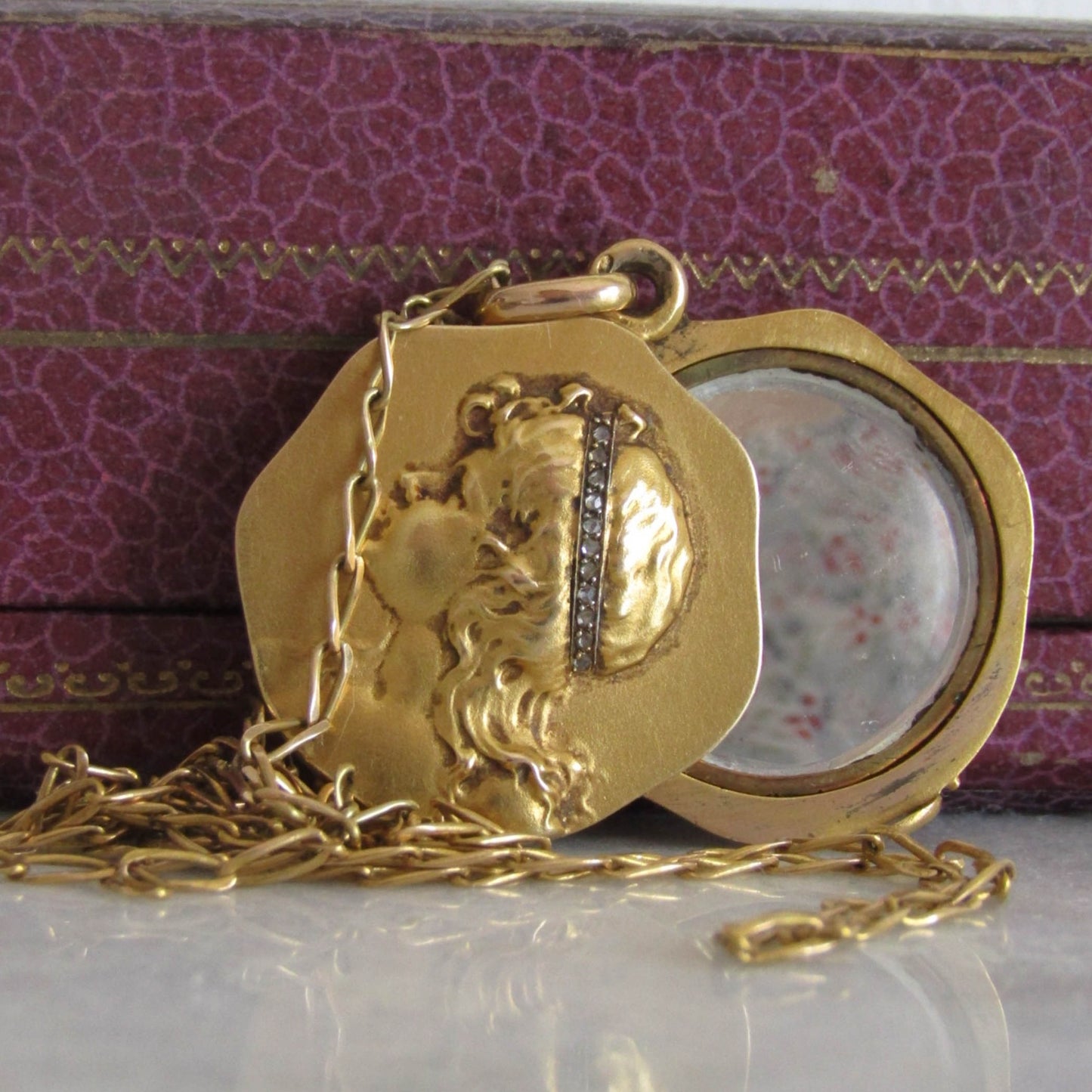 Antique 14K Solid Gold Art Nouveau Slide Mirror Necklace with Woman's Face Inlaid with Rose Cut Diamonds c. 1890