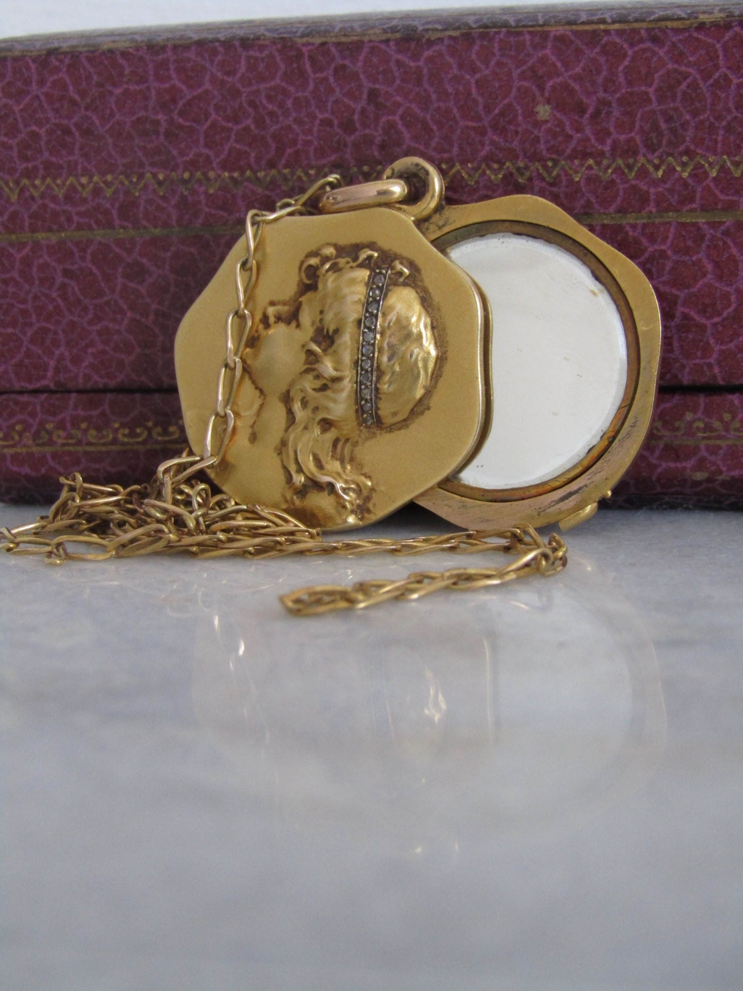 Antique 14K Solid Gold Art Nouveau Slide Mirror Necklace with Woman's Face Inlaid with Rose Cut Diamonds c. 1890