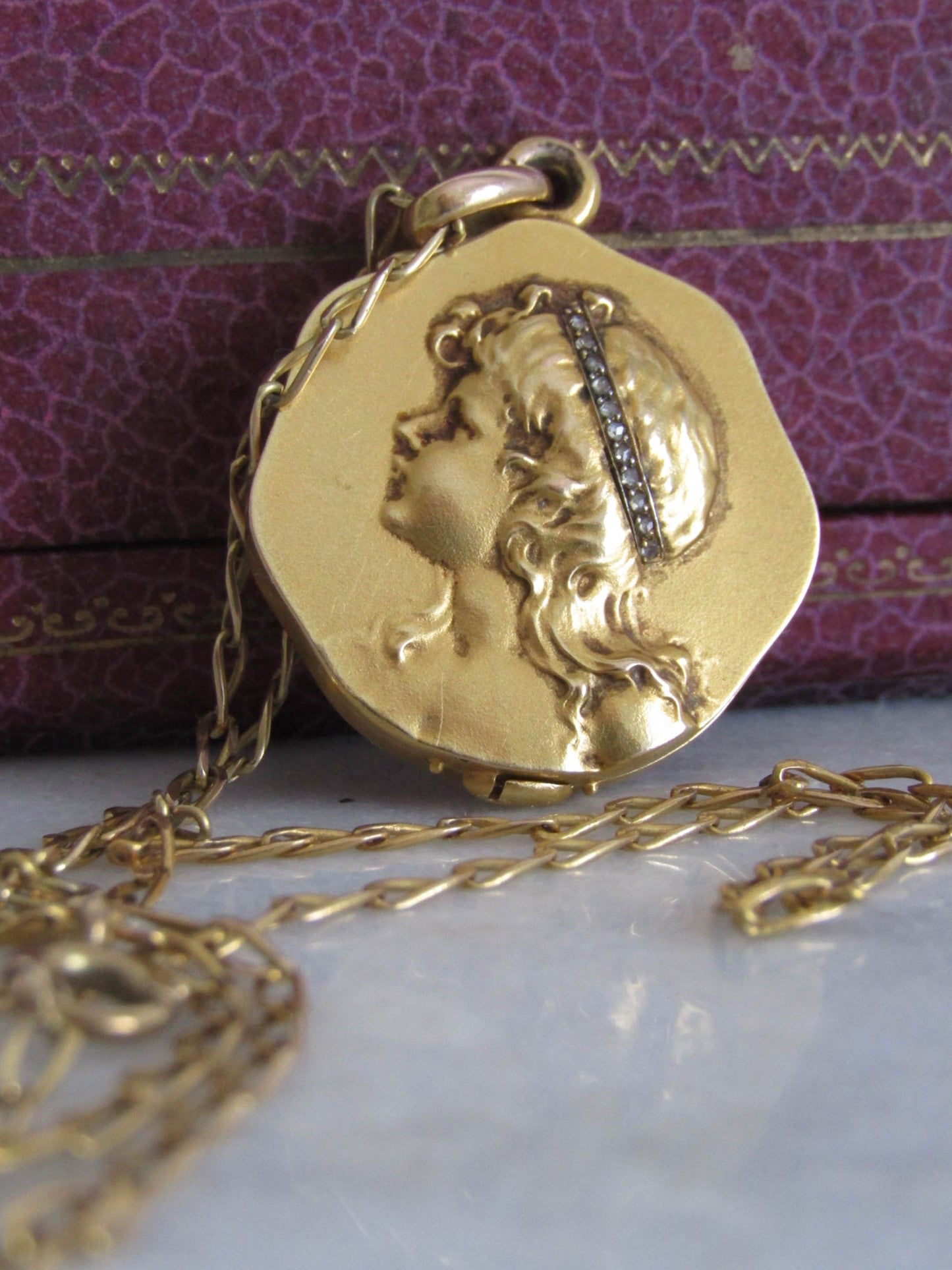 Antique 14K Solid Gold Art Nouveau Slide Mirror Necklace with Woman's Face Inlaid with Rose Cut Diamonds c. 1890