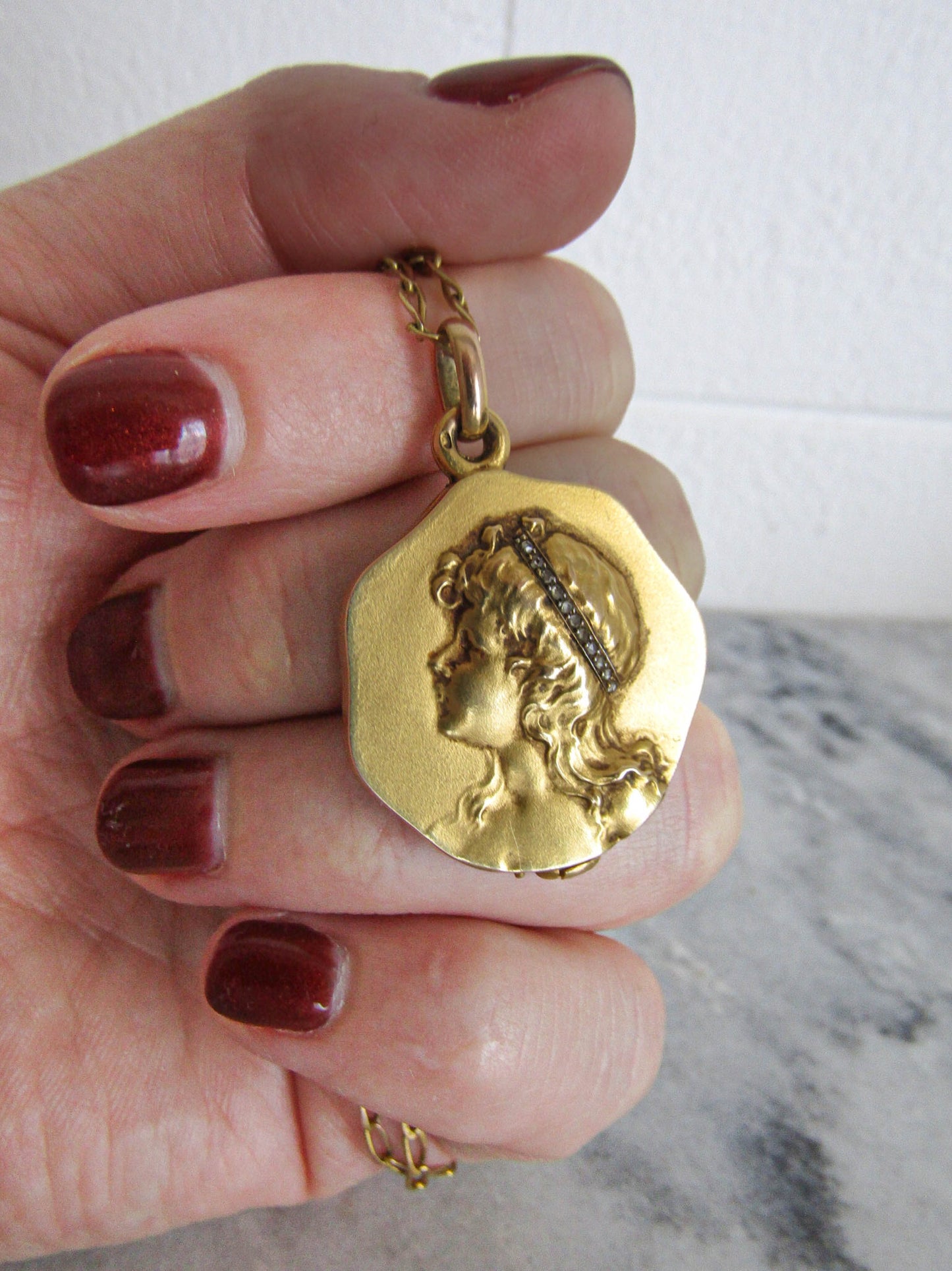 Antique 14K Solid Gold Art Nouveau Slide Mirror Necklace with Woman's Face Inlaid with Rose Cut Diamonds c. 1890