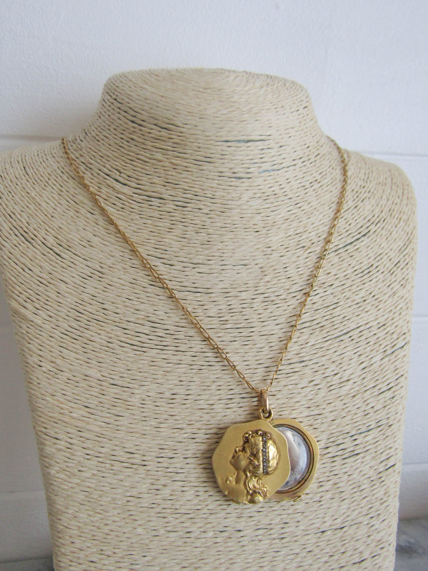 Antique 14K Solid Gold Art Nouveau Slide Mirror Necklace with Woman's Face Inlaid with Rose Cut Diamonds c. 1890