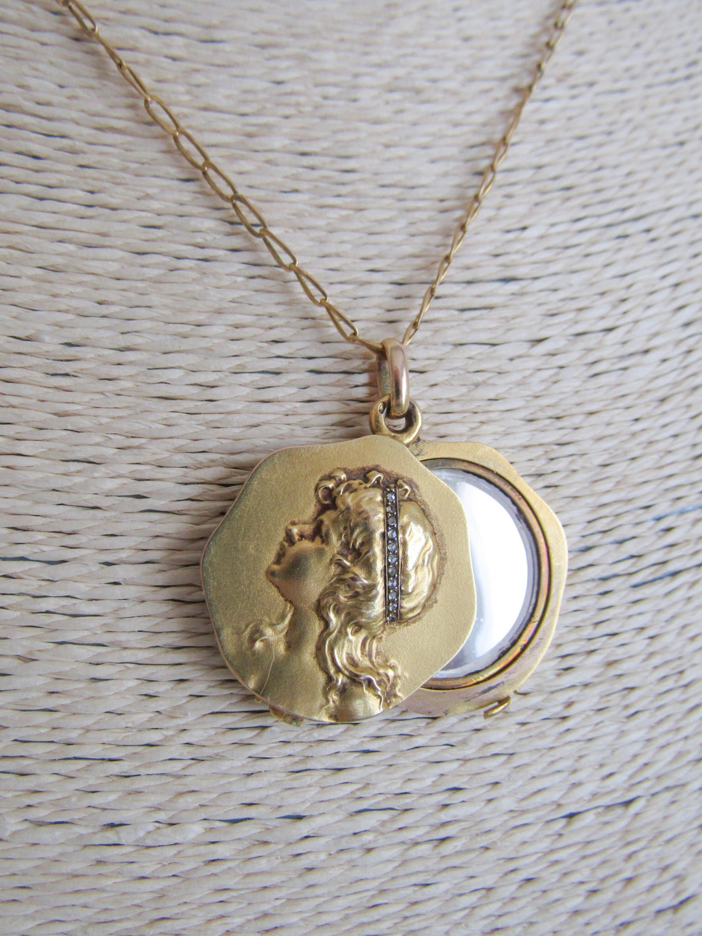 Antique 14K Solid Gold Art Nouveau Slide Mirror Necklace with Woman's Face Inlaid with Rose Cut Diamonds c. 1890