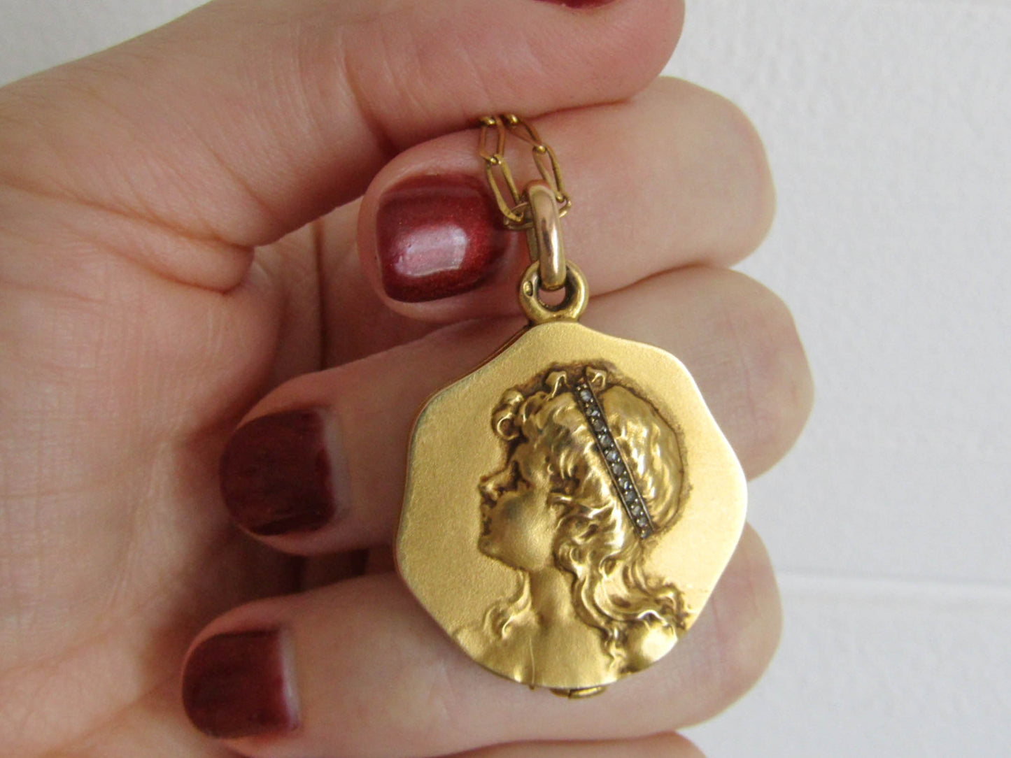 Antique 14K Solid Gold Art Nouveau Slide Mirror Necklace with Woman's Face Inlaid with Rose Cut Diamonds c. 1890