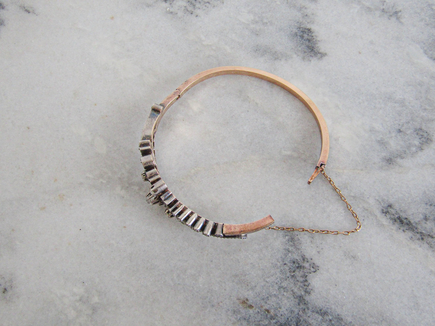 Antique 18K Diamond French Bangle Bracelet, Belle Epoque Art Nouveau Silver and Gold Bangle c. 1880