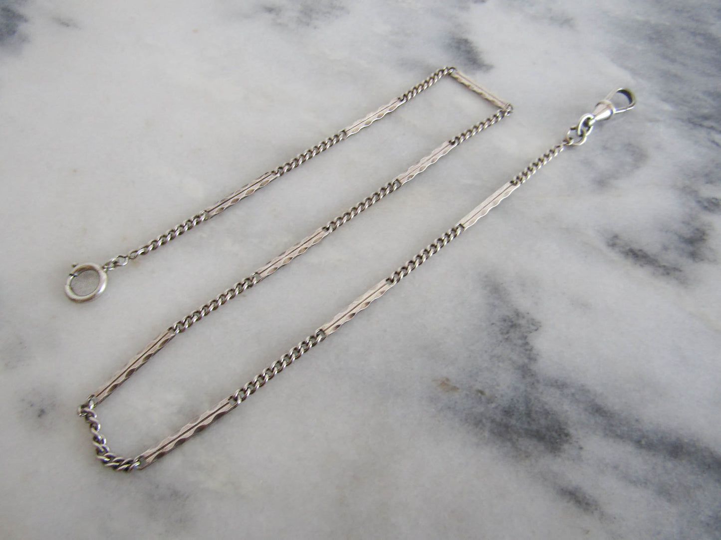 Silver Art Deco Curb Link Watch Chain, Figaro Watch Chain with Dog Clip Clasp and Spring Ring