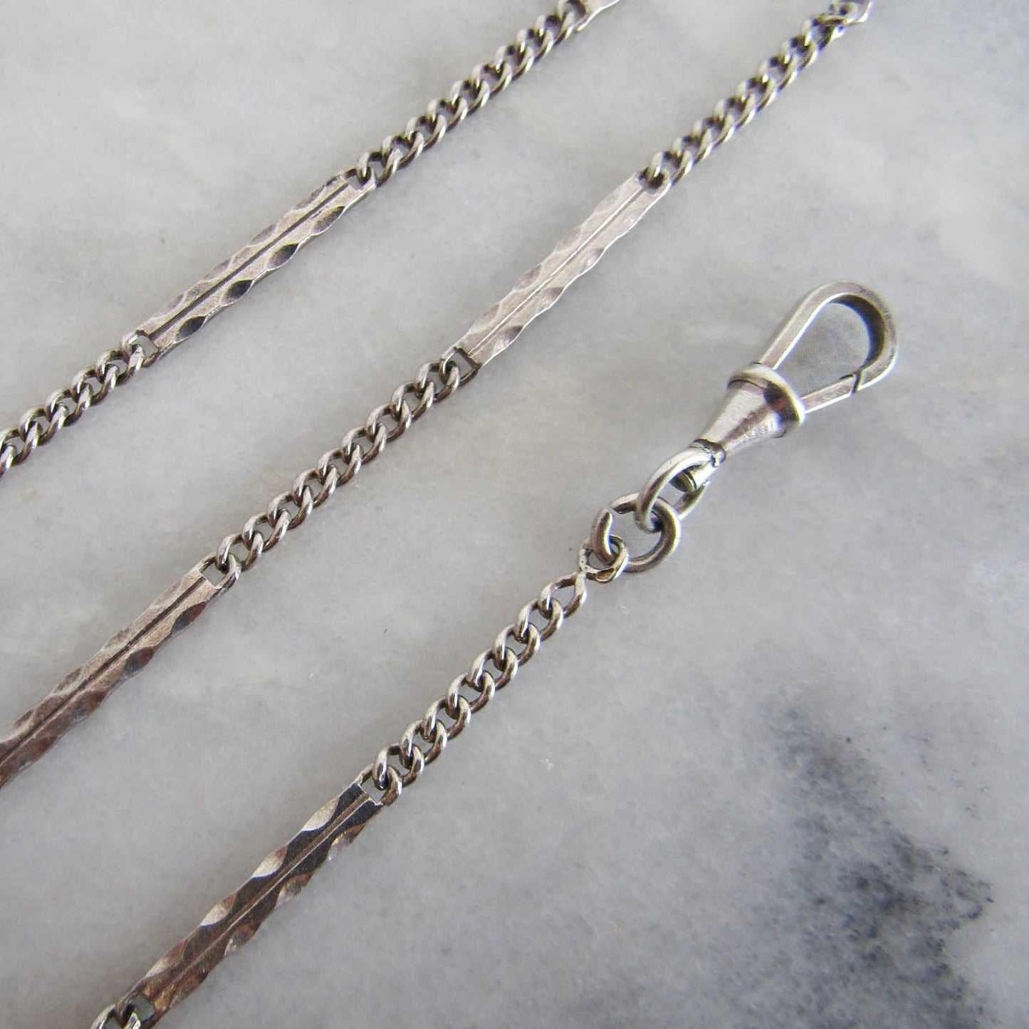 Silver Art Deco Curb Link Watch Chain, Figaro Watch Chain with Dog Clip Clasp and Spring Ring