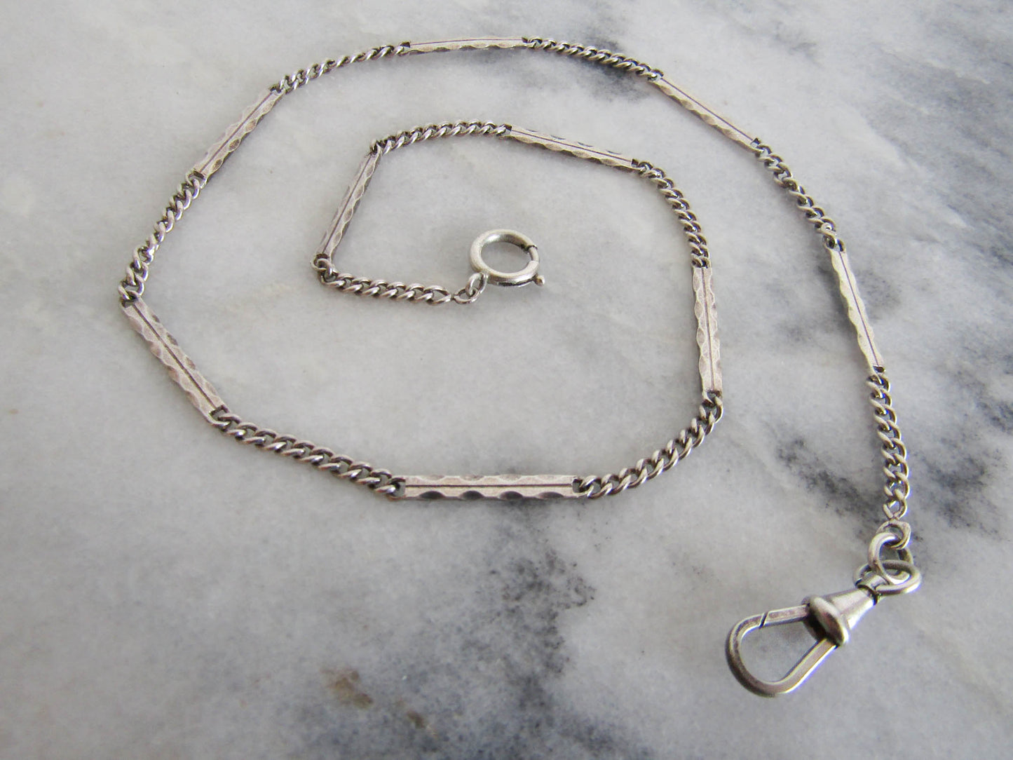 Silver Art Deco Curb Link Watch Chain, Figaro Watch Chain with Dog Clip Clasp and Spring Ring