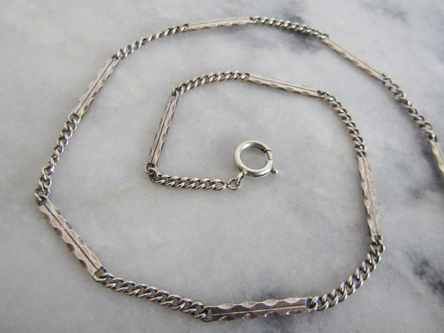 Silver Art Deco Curb Link Watch Chain, Figaro Watch Chain with Dog Clip Clasp and Spring Ring