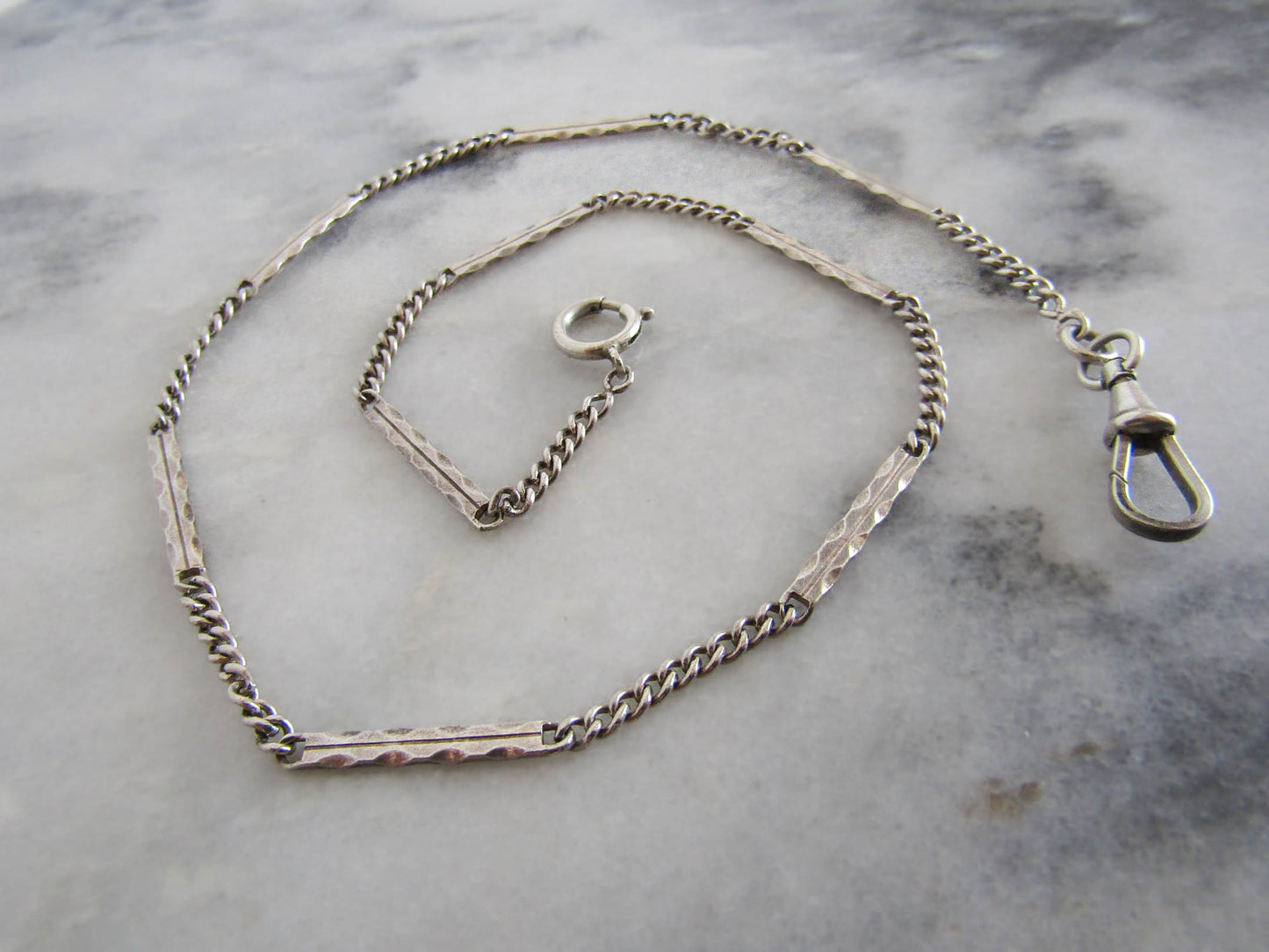 Silver Art Deco Curb Link Watch Chain, Figaro Watch Chain with Dog Clip Clasp and Spring Ring