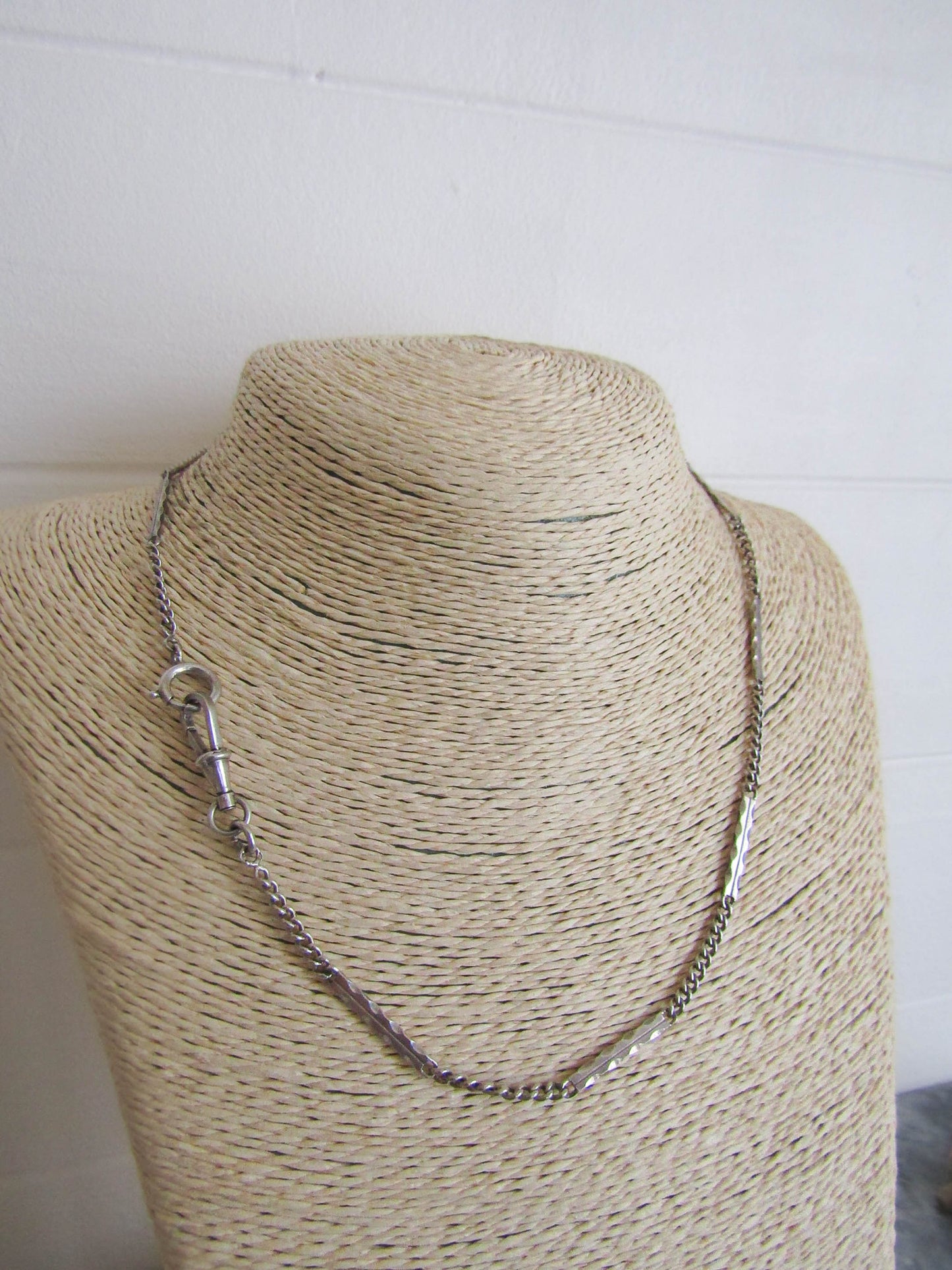 Silver Art Deco Curb Link Watch Chain, Figaro Watch Chain with Dog Clip Clasp and Spring Ring
