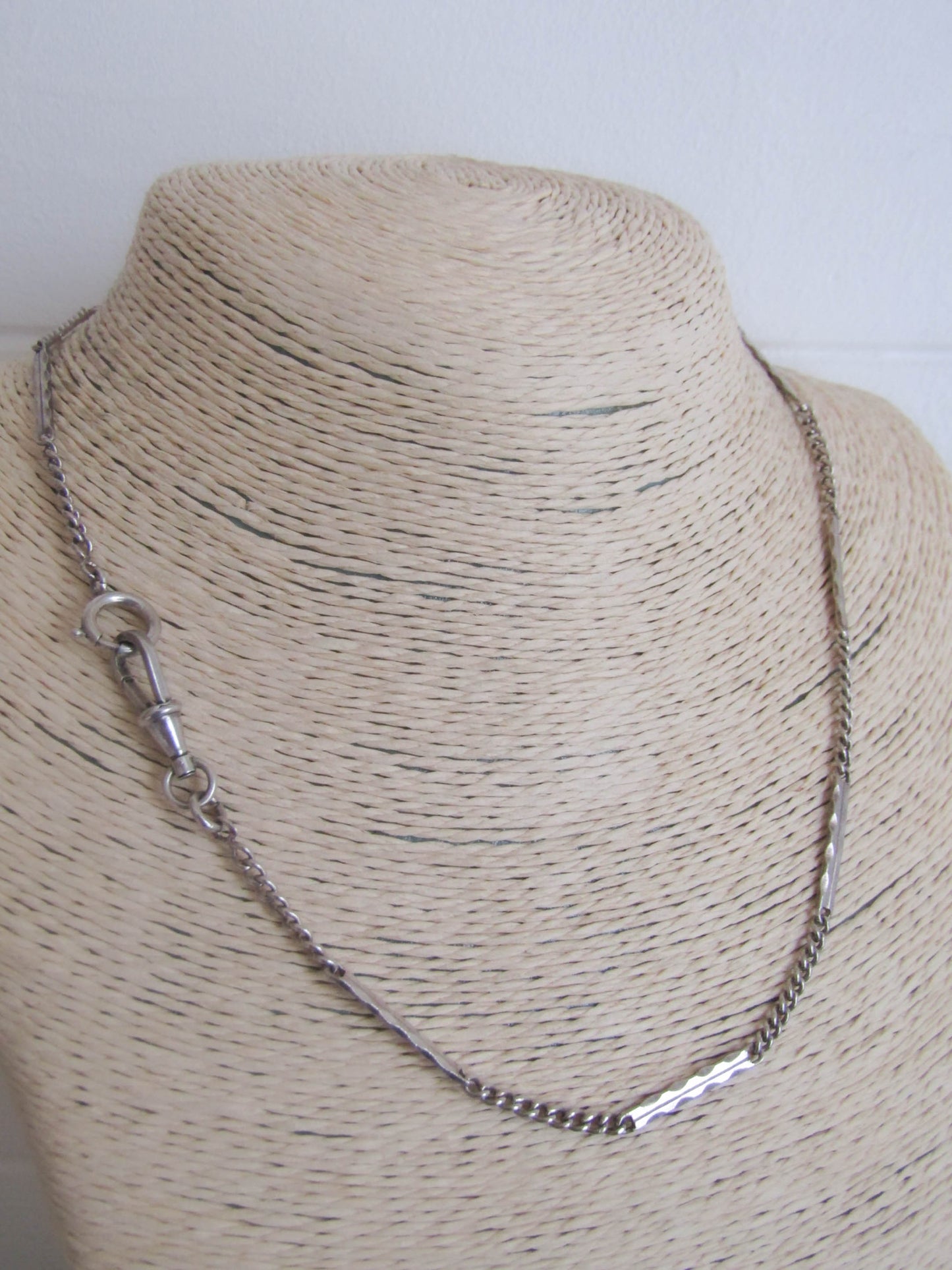 Silver Art Deco Curb Link Watch Chain, Figaro Watch Chain with Dog Clip Clasp and Spring Ring