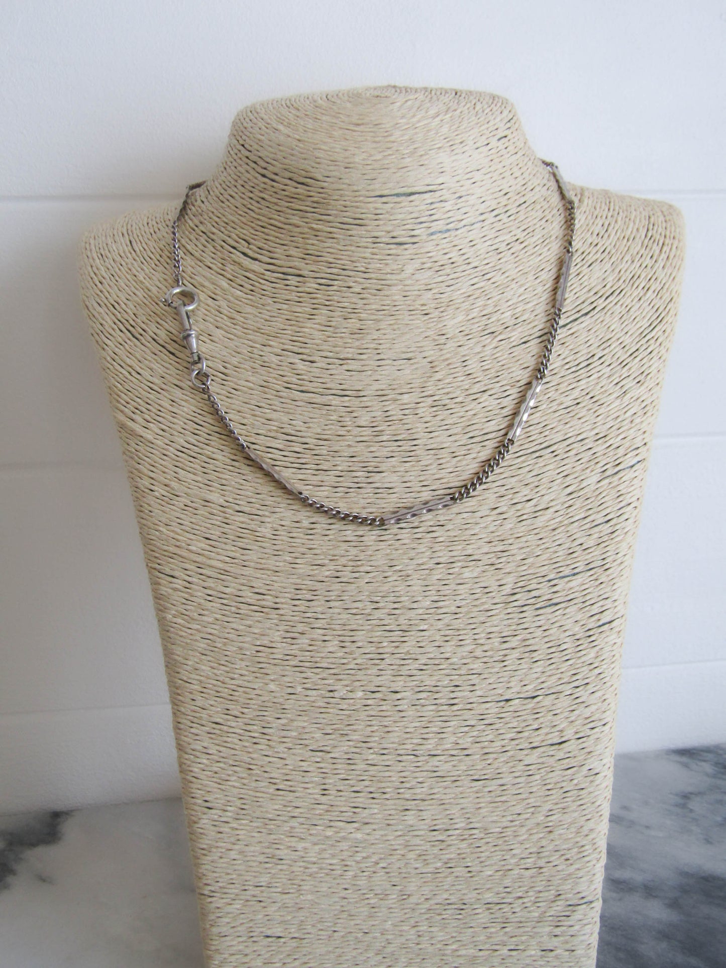 Silver Art Deco Curb Link Watch Chain, Figaro Watch Chain with Dog Clip Clasp and Spring Ring