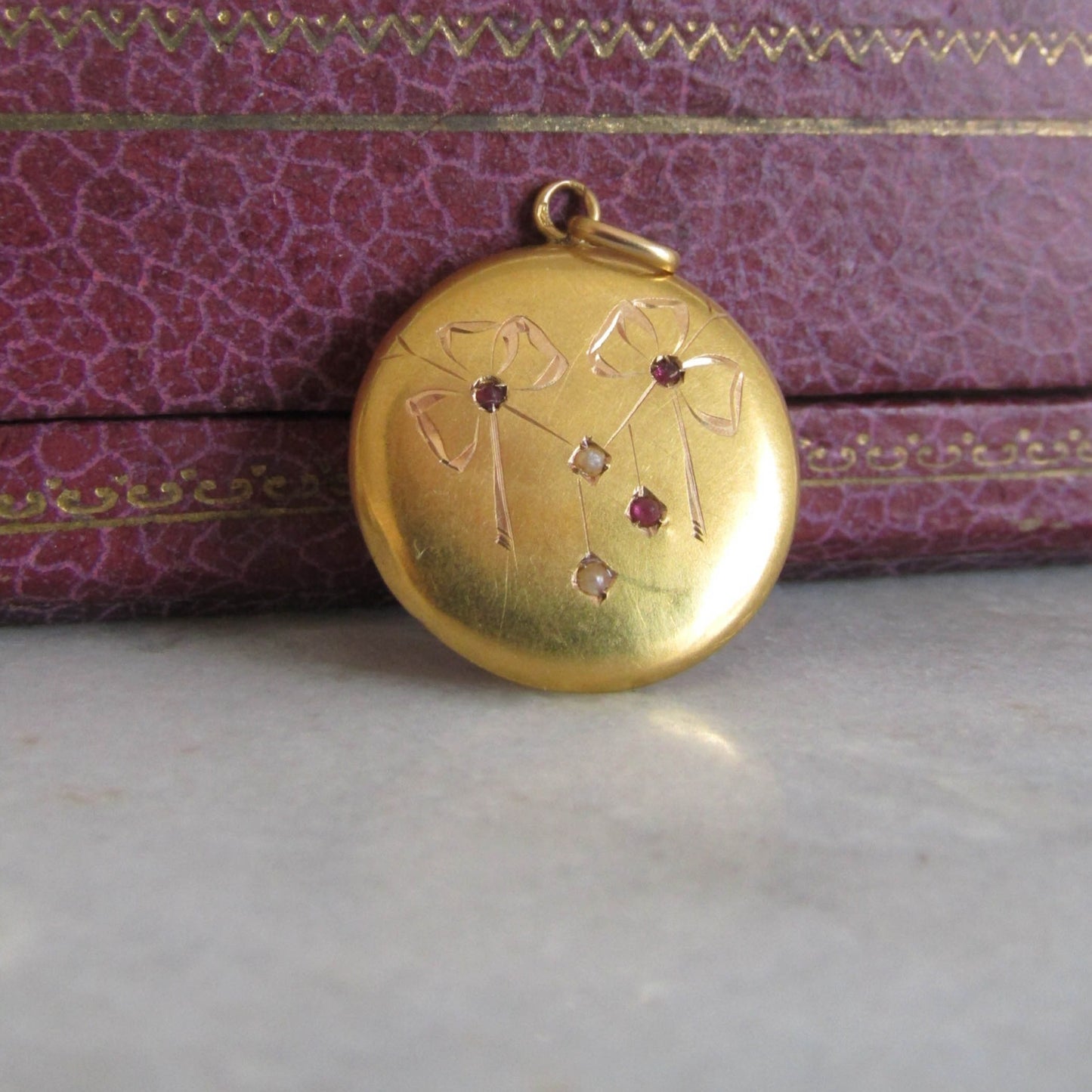 RESERVED | Antique 18K Art Nouveau Pendant, French Bow Pendant with Garnet Paste and Seed Pearls c. 1900