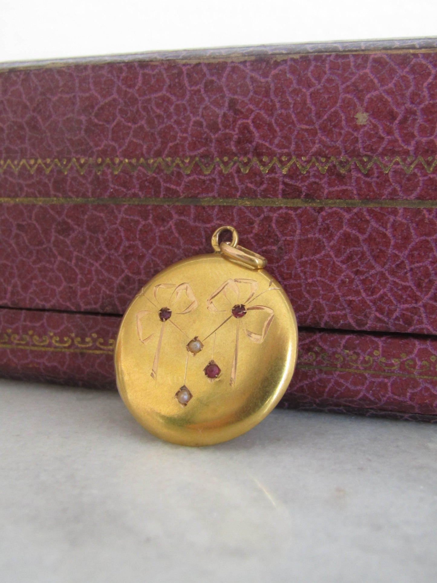 RESERVED | Antique 18K Art Nouveau Pendant, French Bow Pendant with Garnet Paste and Seed Pearls c. 1900