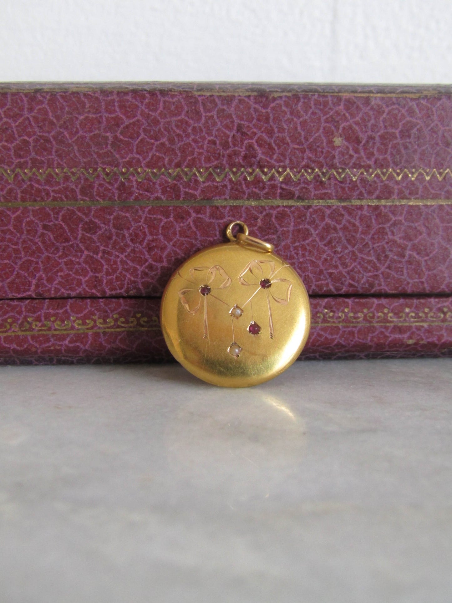 RESERVED | Antique 18K Art Nouveau Pendant, French Bow Pendant with Garnet Paste and Seed Pearls c. 1900