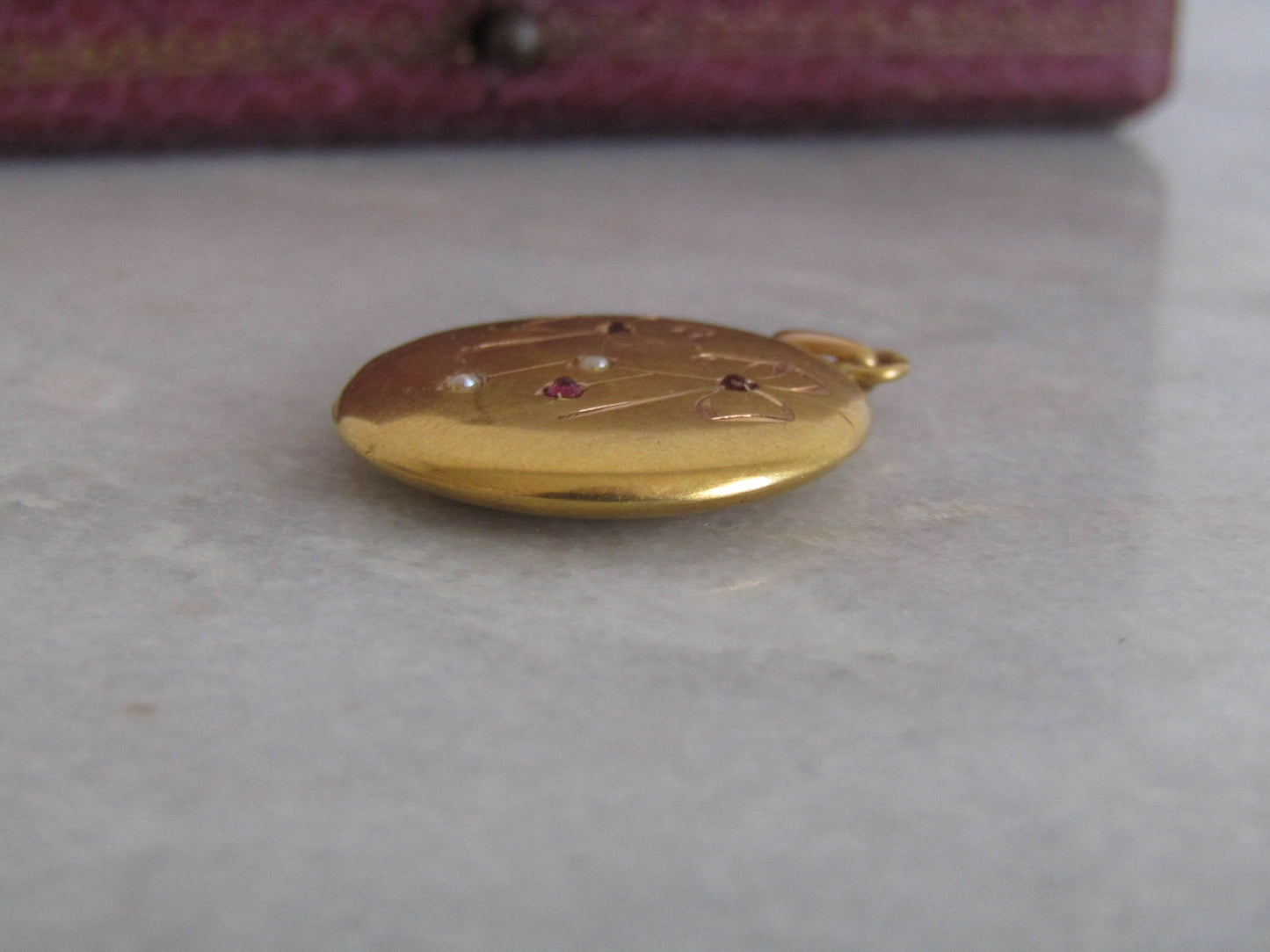 RESERVED | Antique 18K Art Nouveau Pendant, French Bow Pendant with Garnet Paste and Seed Pearls c. 1900