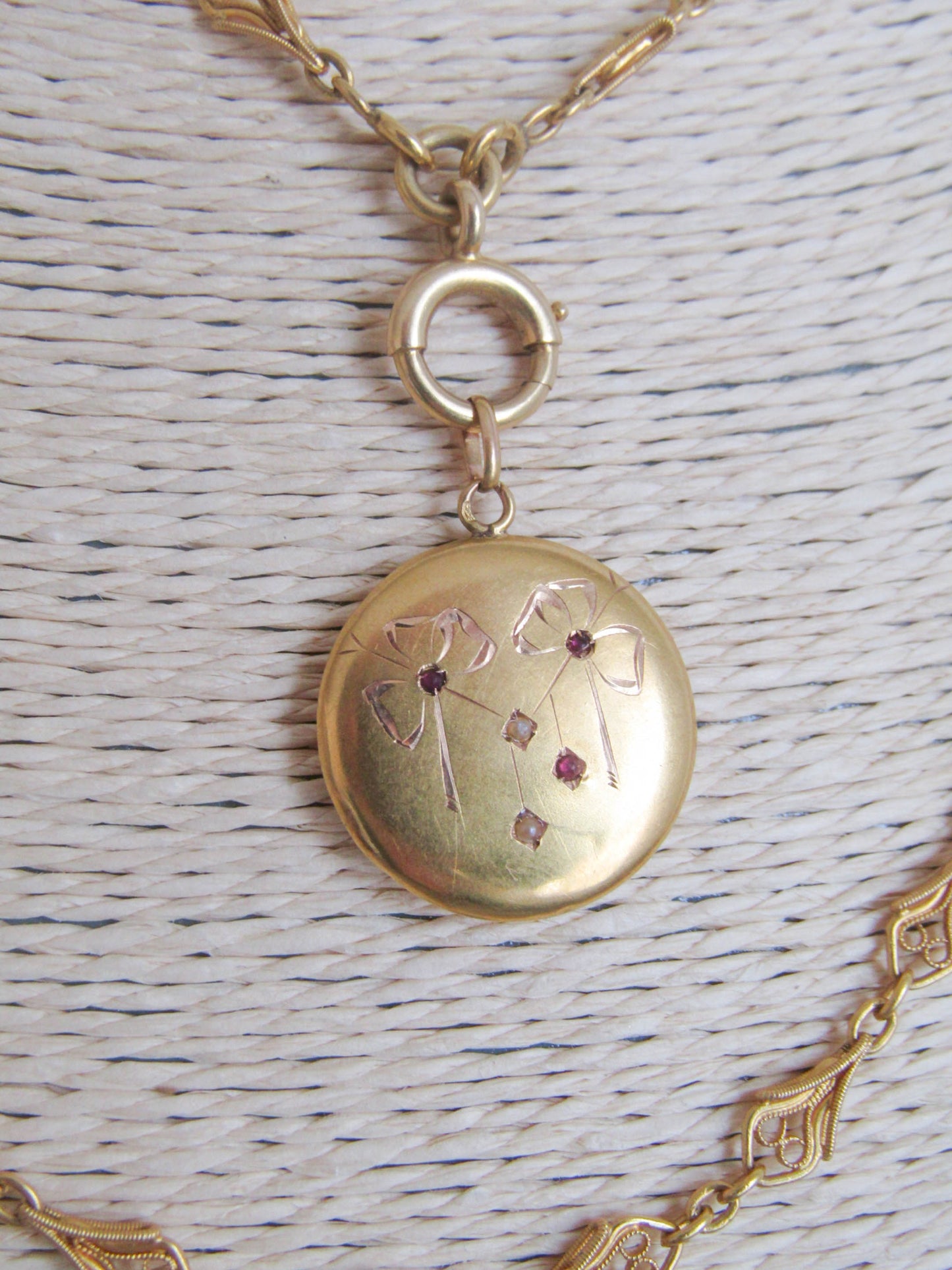 RESERVED | Antique 18K Art Nouveau Pendant, French Bow Pendant with Garnet Paste and Seed Pearls c. 1900