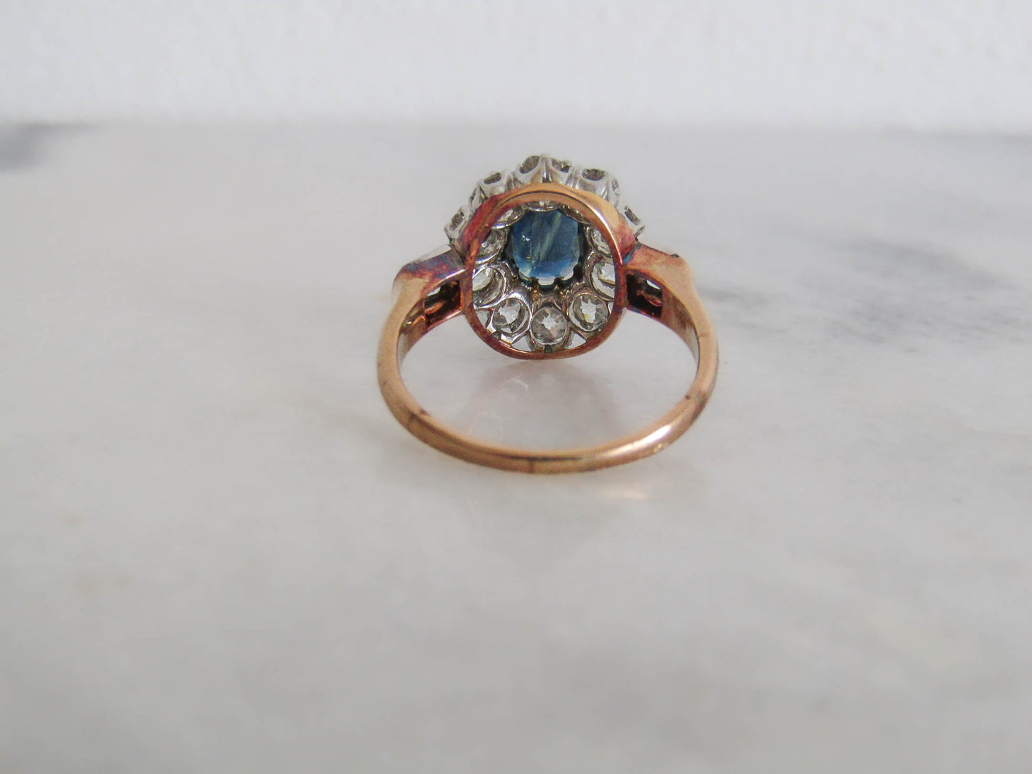 RESERVED | French Antique Sapphire and 1.2 Carat Diamond 18K Gold and Platinum Pompadour, Daisy Cluster Halo Engagement Ring c. 1900