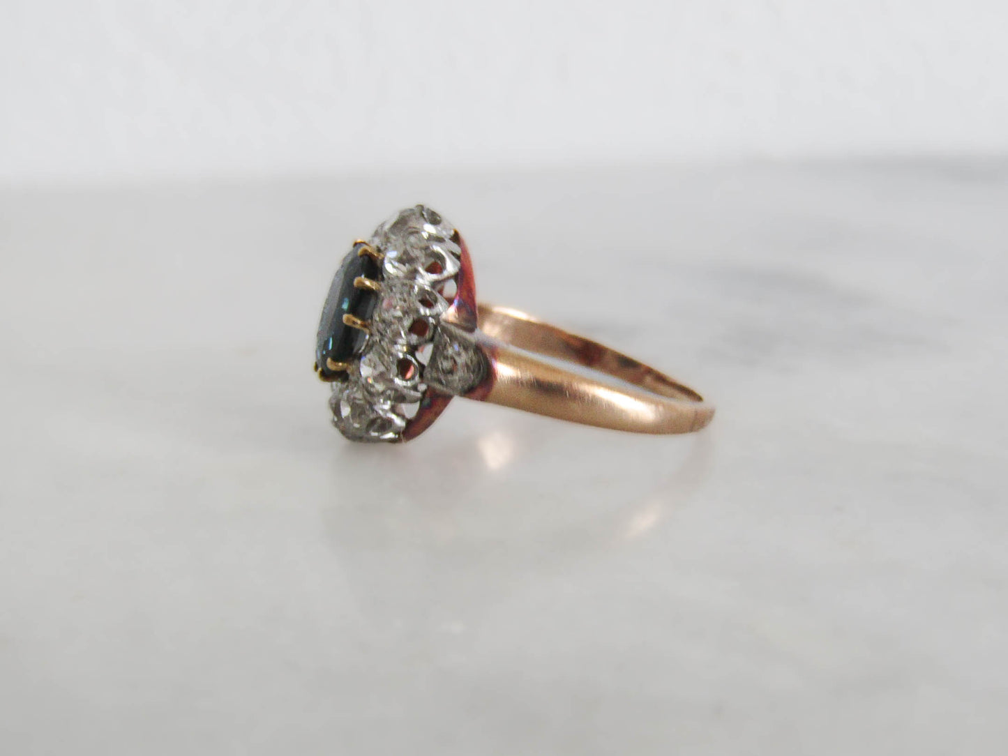 RESERVED | French Antique Sapphire and 1.2 Carat Diamond 18K Gold and Platinum Pompadour, Daisy Cluster Halo Engagement Ring c. 1900