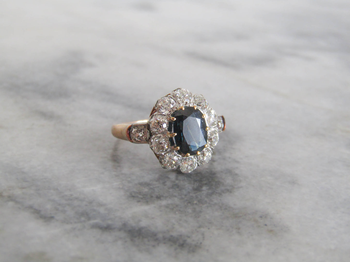 RESERVED | French Antique Sapphire and 1.2 Carat Diamond 18K Gold and Platinum Pompadour, Daisy Cluster Halo Engagement Ring c. 1900