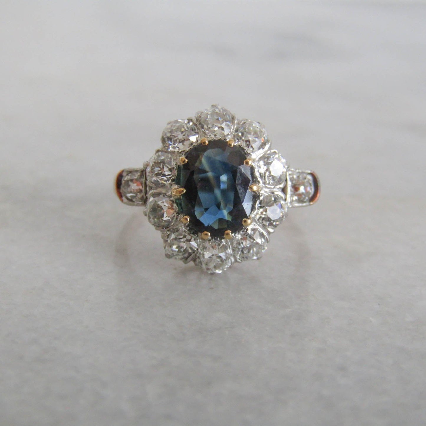 RESERVED | French Antique Sapphire and 1.2 Carat Diamond 18K Gold and Platinum Pompadour, Daisy Cluster Halo Engagement Ring c. 1900