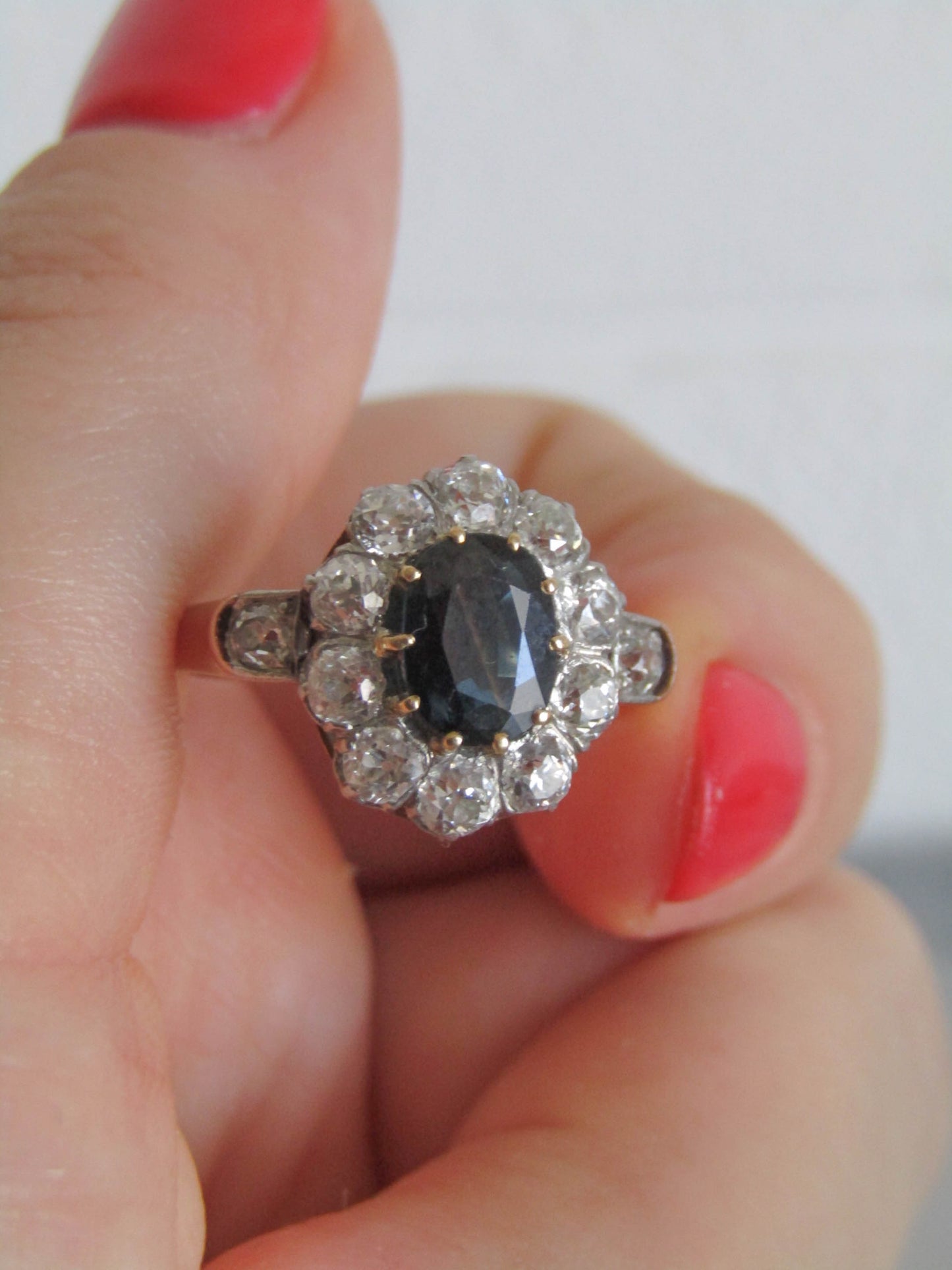 RESERVED | French Antique Sapphire and 1.2 Carat Diamond 18K Gold and Platinum Pompadour, Daisy Cluster Halo Engagement Ring c. 1900
