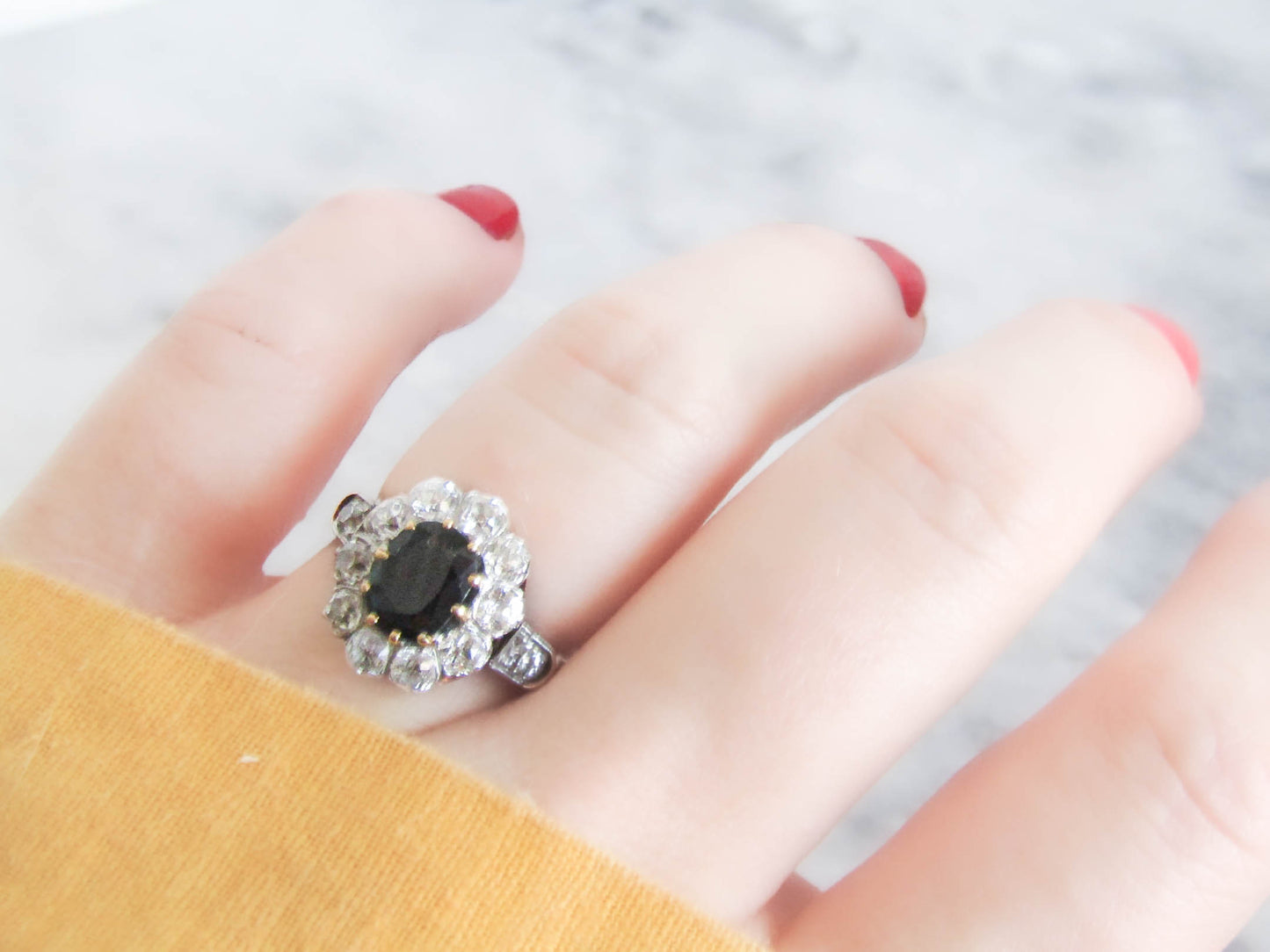 RESERVED | French Antique Sapphire and 1.2 Carat Diamond 18K Gold and Platinum Pompadour, Daisy Cluster Halo Engagement Ring c. 1900