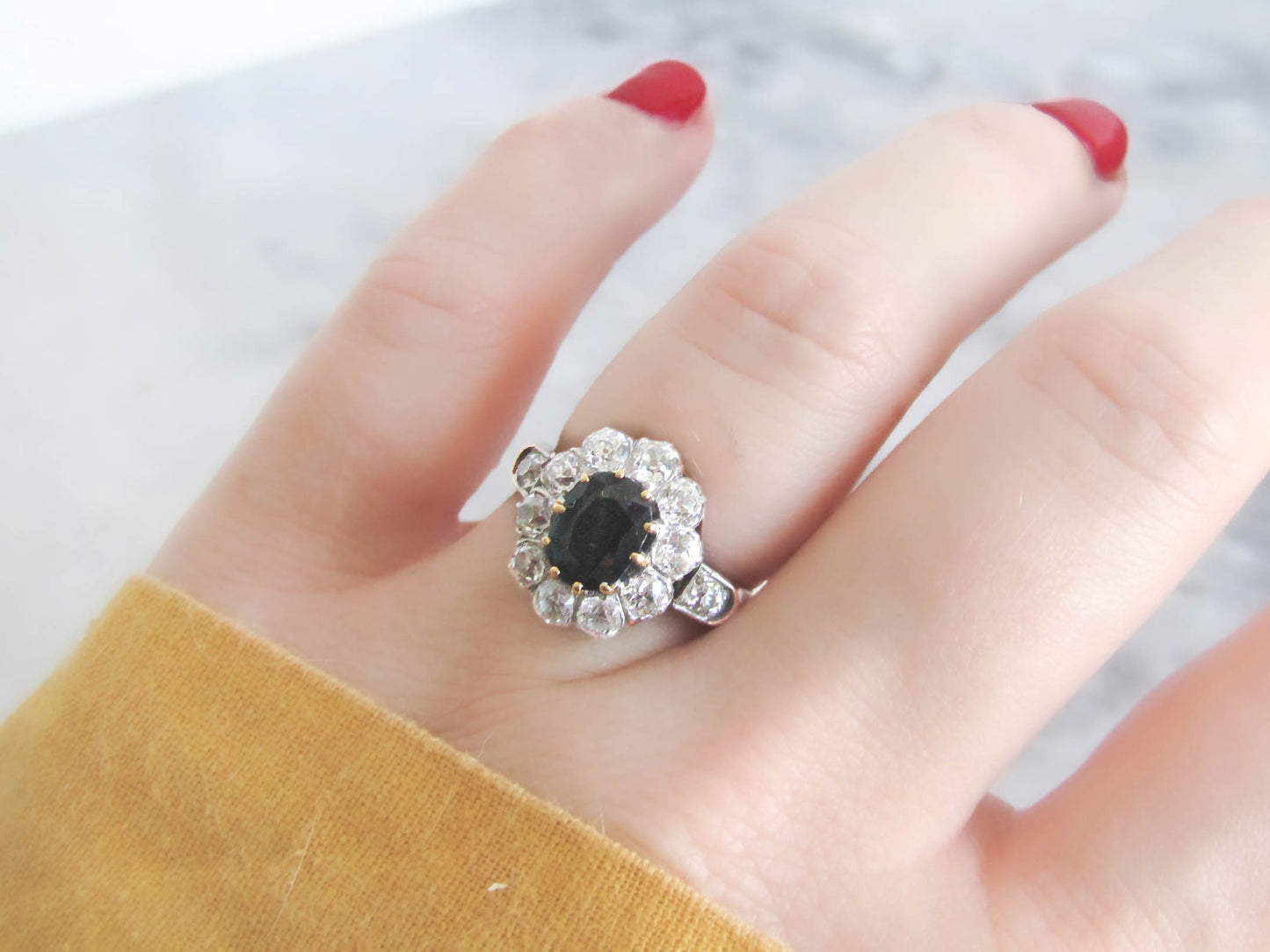 RESERVED | French Antique Sapphire and 1.2 Carat Diamond 18K Gold and Platinum Pompadour, Daisy Cluster Halo Engagement Ring c. 1900