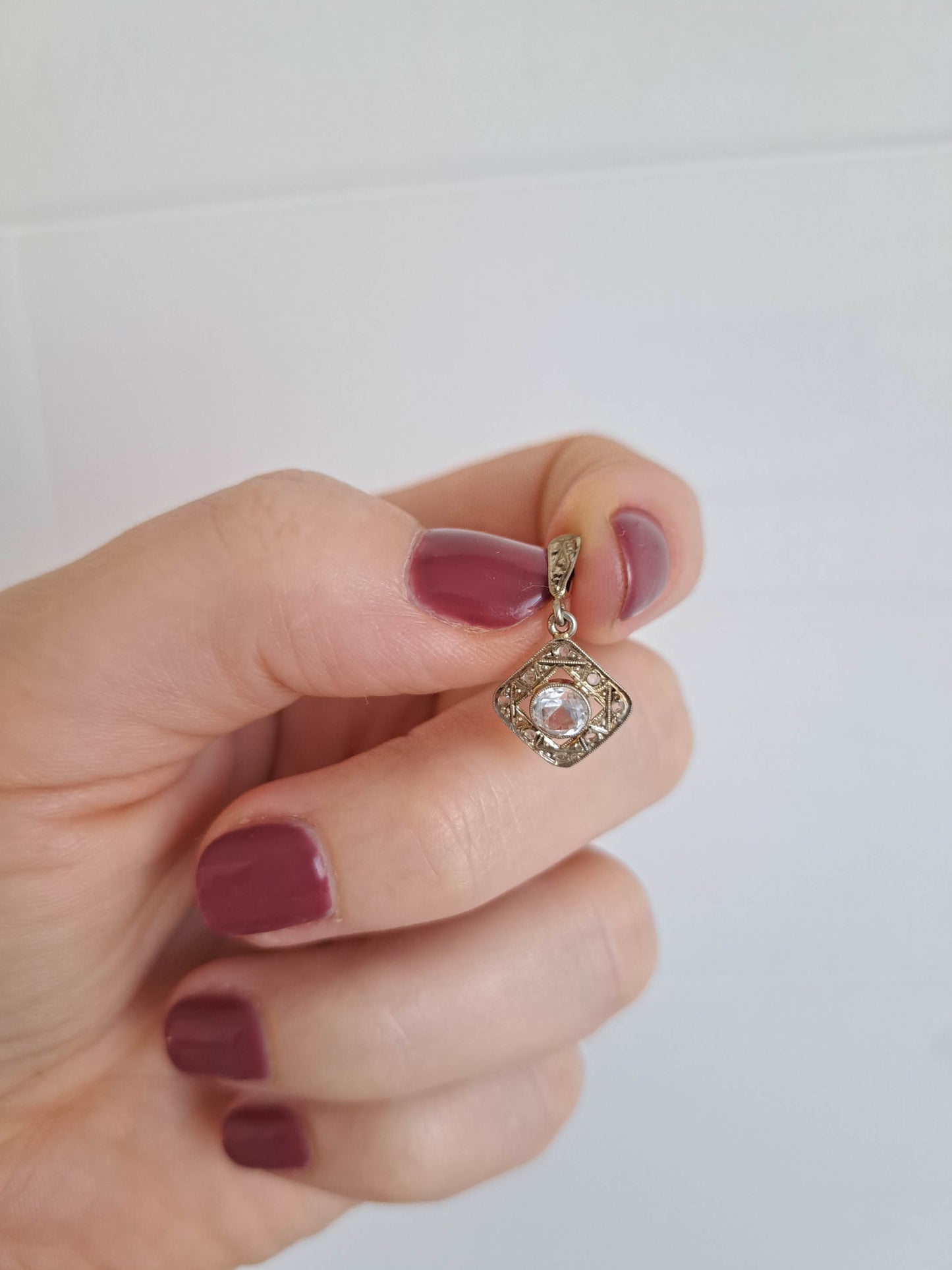 18K Solid Gold and Platinum White Sapphire Pendant c. 1910