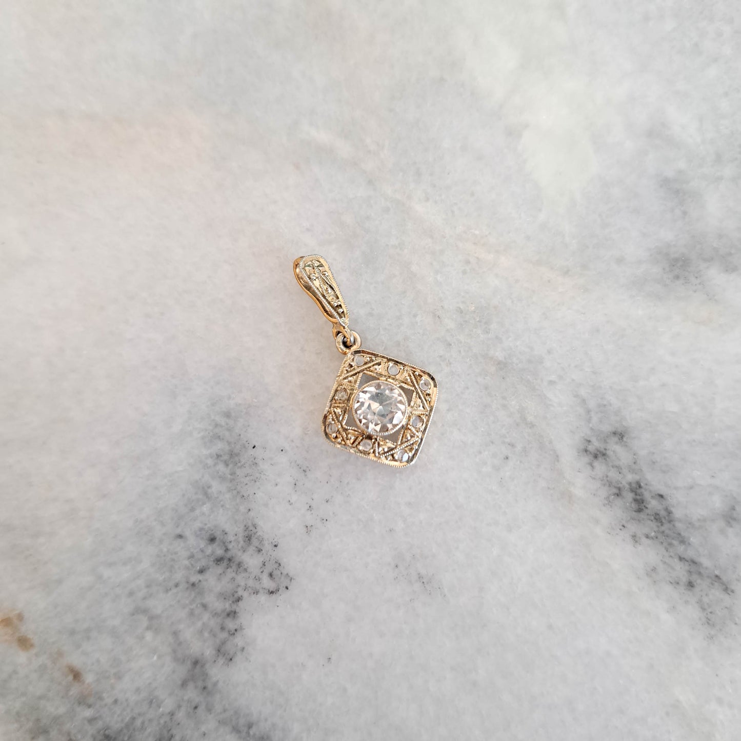 18K Solid Gold and Platinum White Sapphire Pendant c. 1910