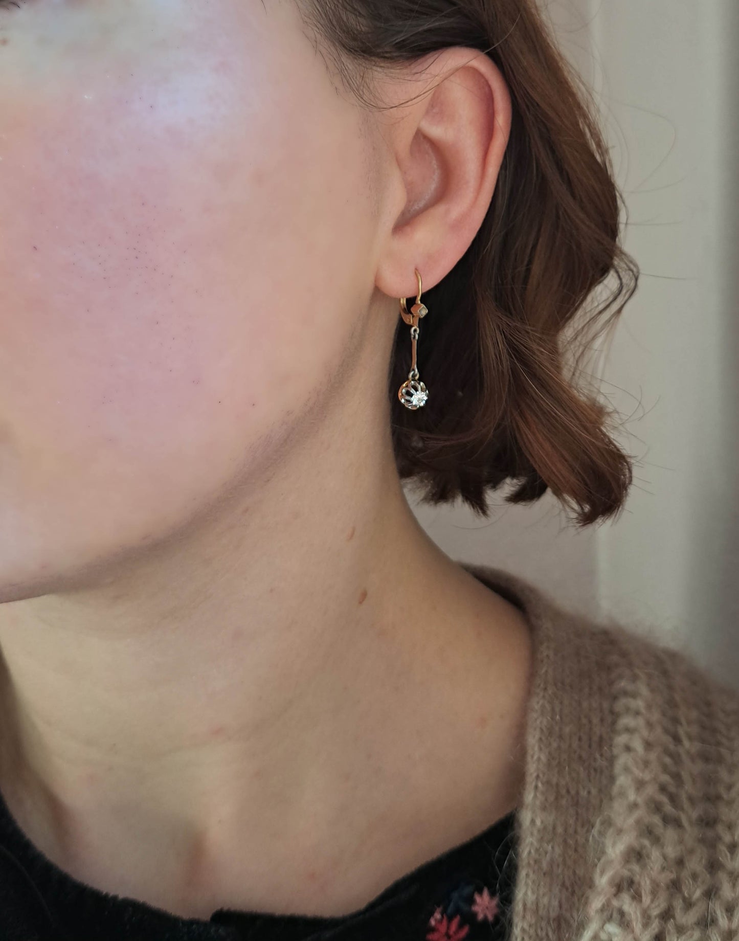 Antique 18K Gold and Platinum Old European Cut .3 carats Diamond Drop Earrings, French Art Deco Dangle Earrings