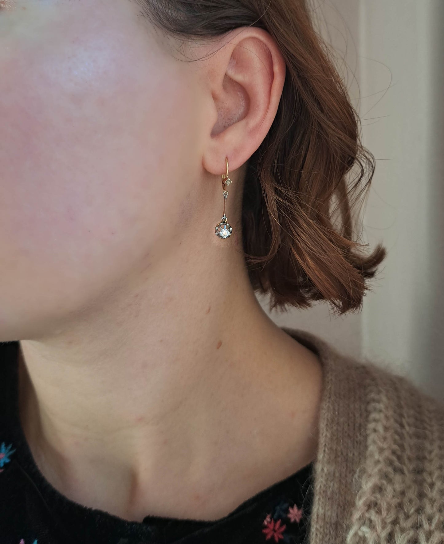 Antique 18K Gold and Platinum Old European Cut .3 carats Diamond Drop Earrings, French Art Deco Dangle Earrings