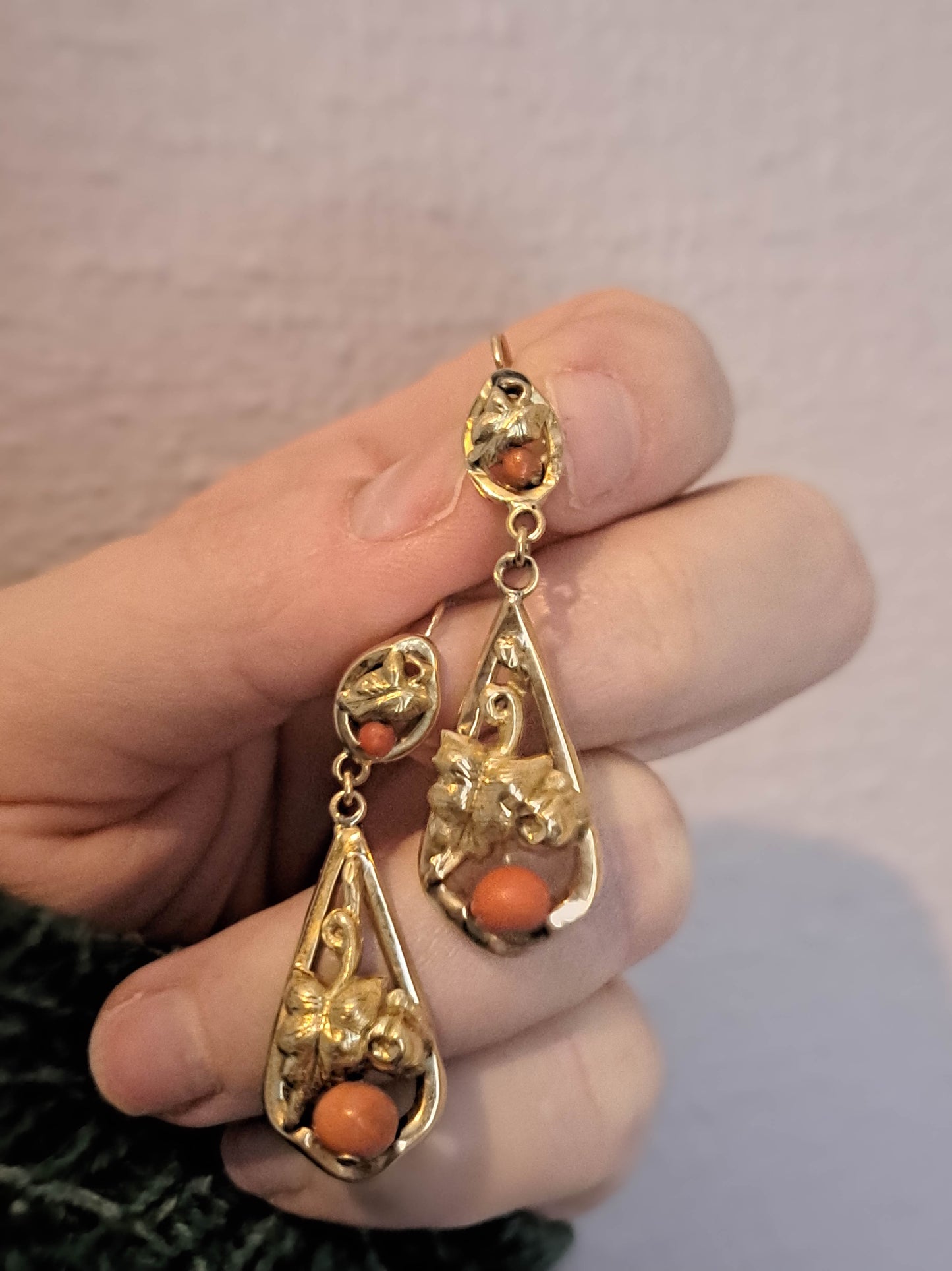 Antique Coral 18K Solid Gold Day and Night Dangle Earrings, French Victorian Belle Epoque Drop Earrings c. 1880