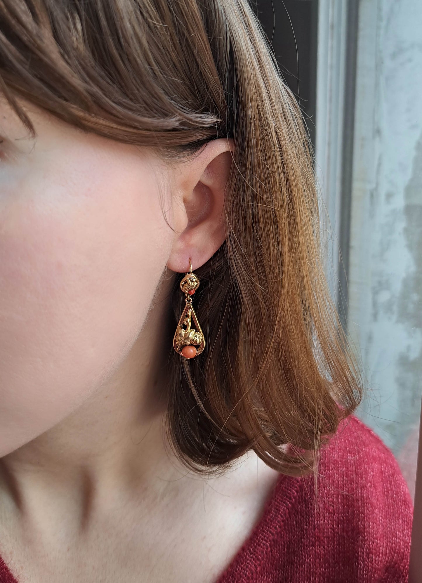 Antique Coral 18K Solid Gold Day and Night Dangle Earrings, French Victorian Belle Epoque Drop Earrings c. 1880