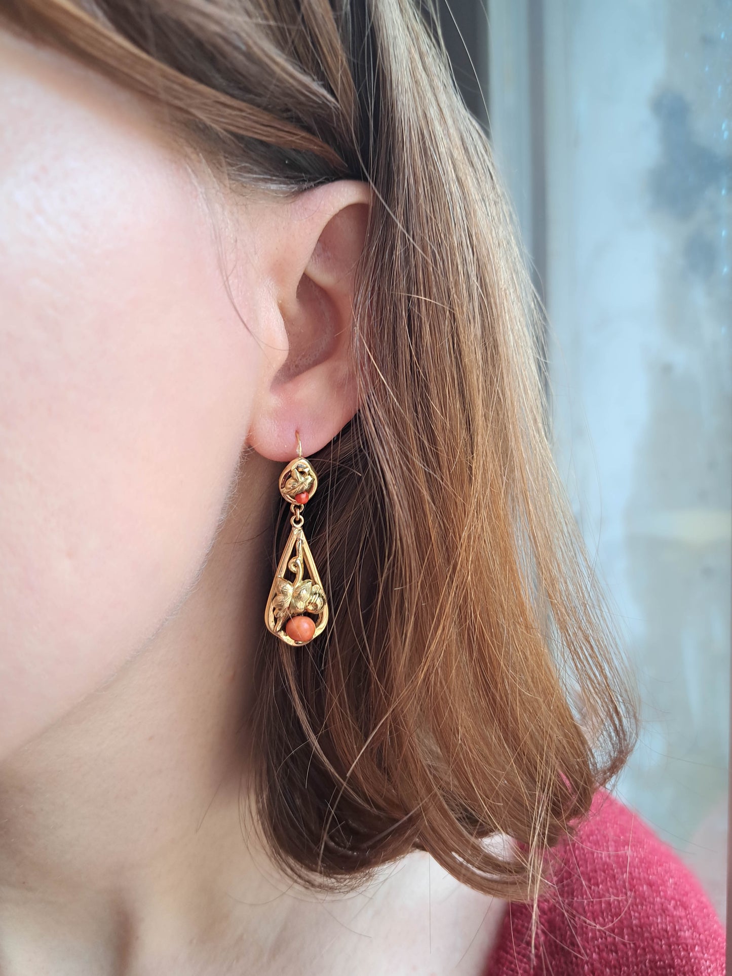 Antique Coral 18K Solid Gold Day and Night Dangle Earrings, French Victorian Belle Epoque Drop Earrings c. 1880