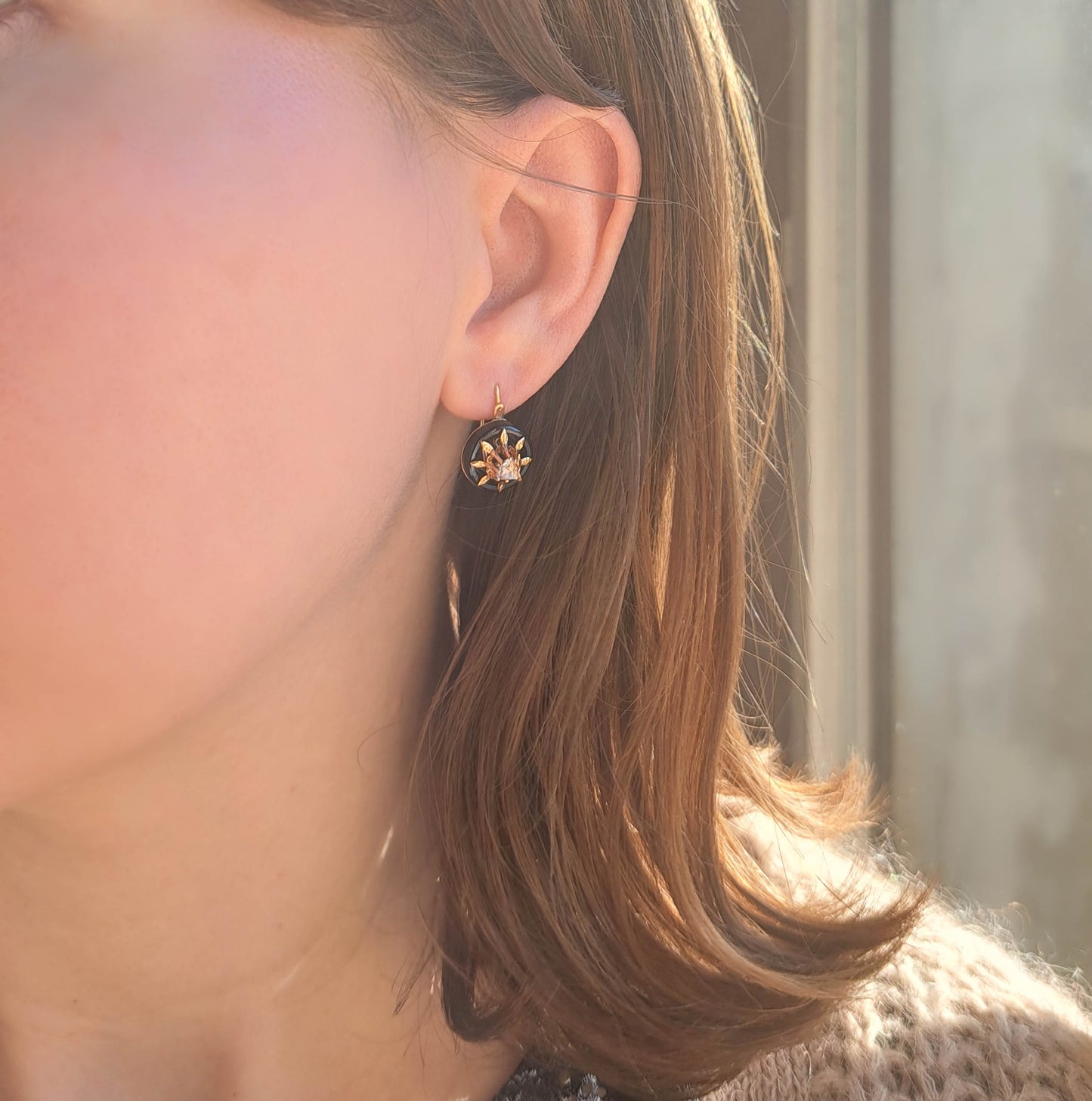 Antique Onyx and Rose Cut Diamond 14K Solid Gold Drop Earrings, Victorian Sleeper Earrings