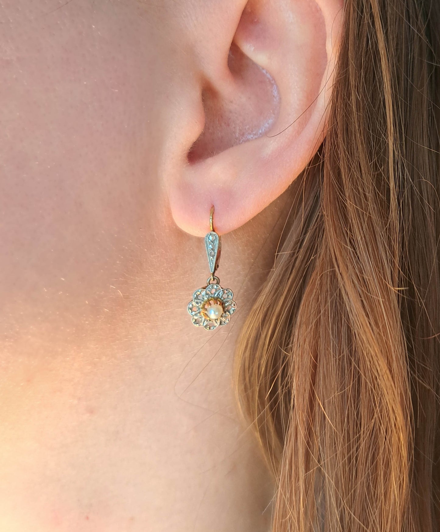 Antique Edwardian Diamond Chip Daisy Drop Earrings c. 1900