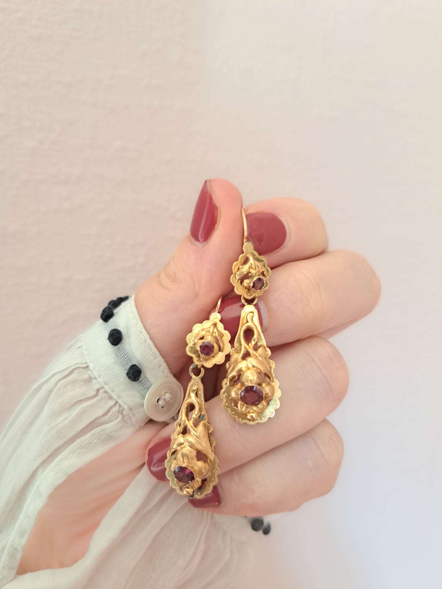Antique Victorian Dangle Earrings with Rhodolite Garnets and Floral Design