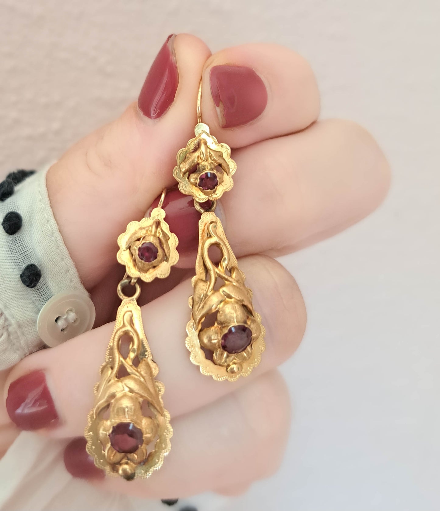 Antique Victorian Dangle Earrings with Rhodolite Garnets and Floral Design