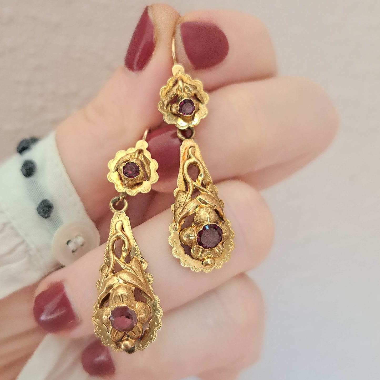 Antique Victorian Dangle Earrings with Rhodolite Garnets and Floral Design