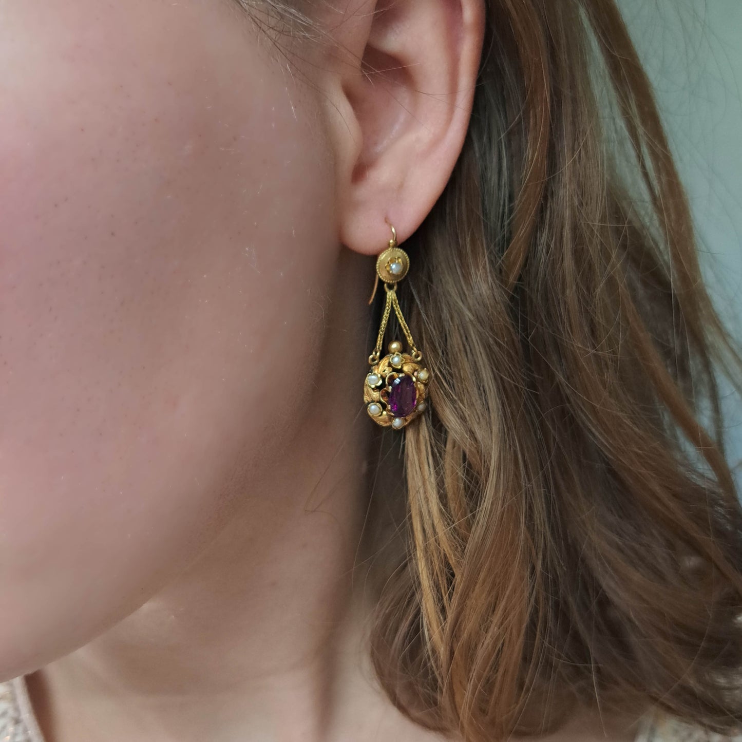 Antique 18K Gold Garnet Drop Earrings, Belle Epoque Foxtail Design