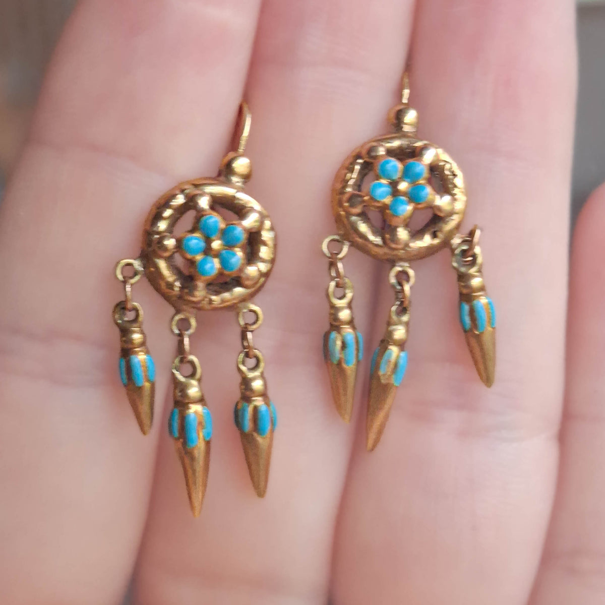 Antique Victorian Etruscan Revival Enamel Forget-Me-Not Earrings c. 1880