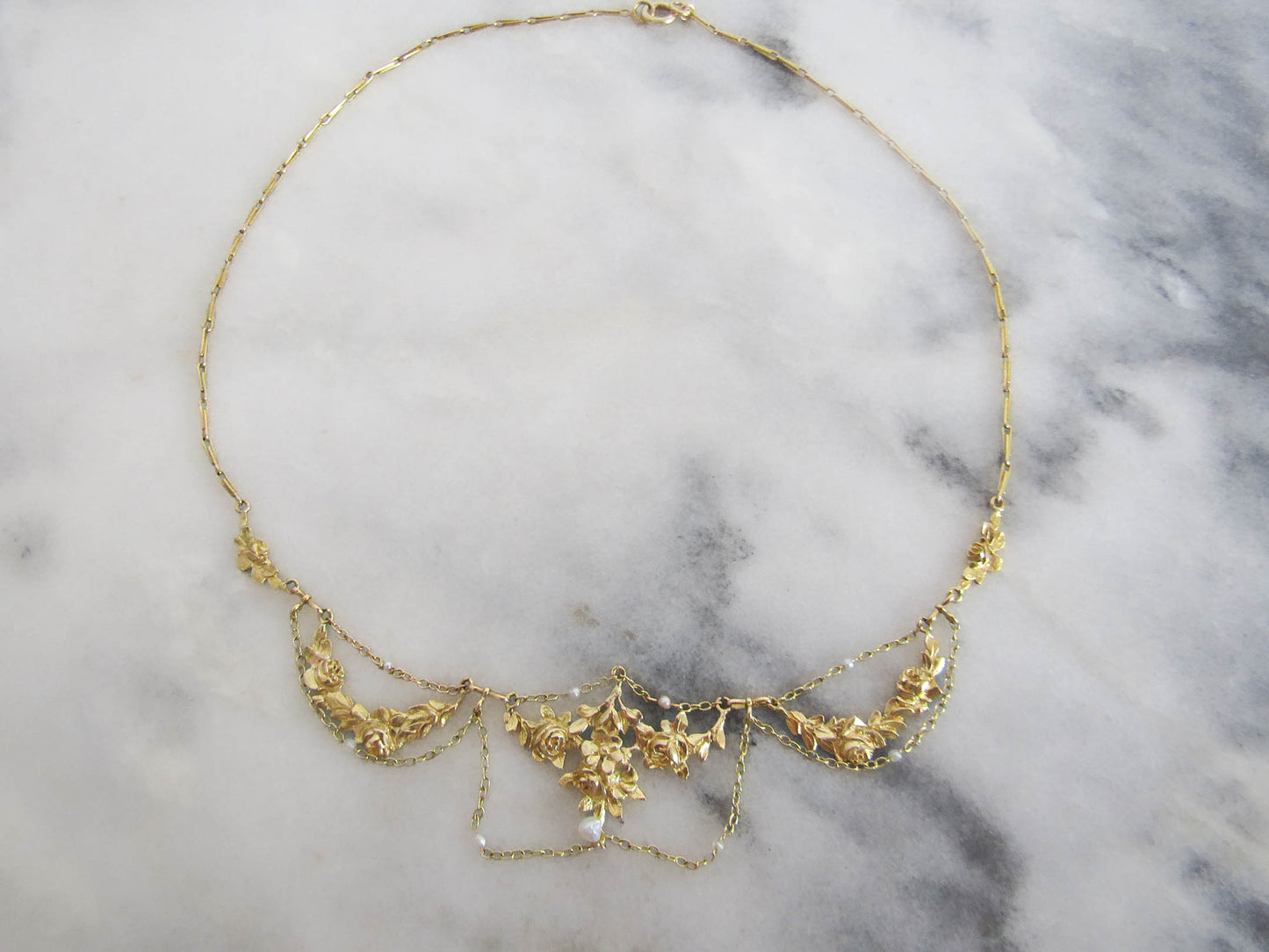 18K Gold Belle Epoque Roses Drapery Necklace, French Esclavage Necklace c. 1900