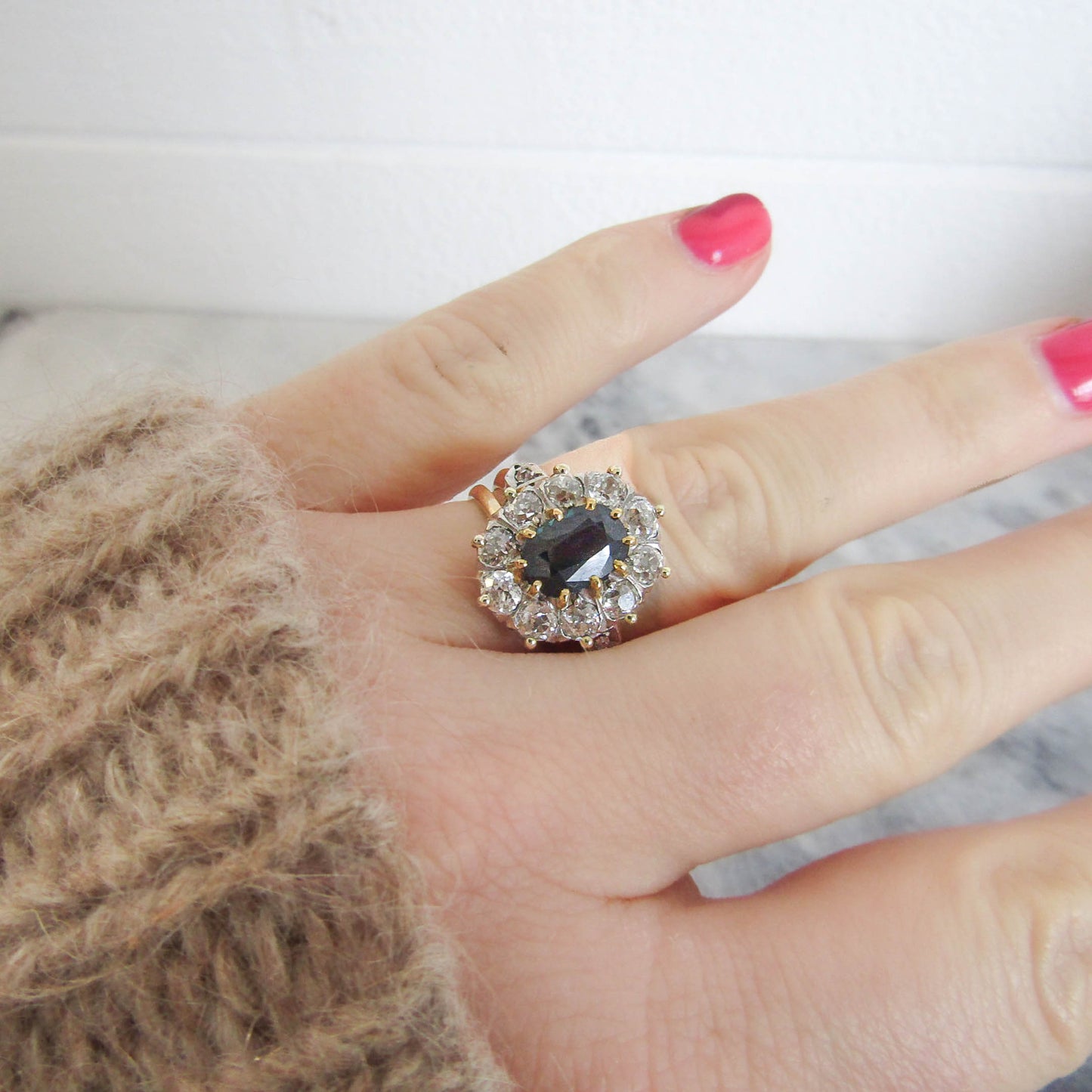 1.7 Carat Art Deco Sapphire and Diamond Ring, Antique Pompadour Daisy Ring c. 1910