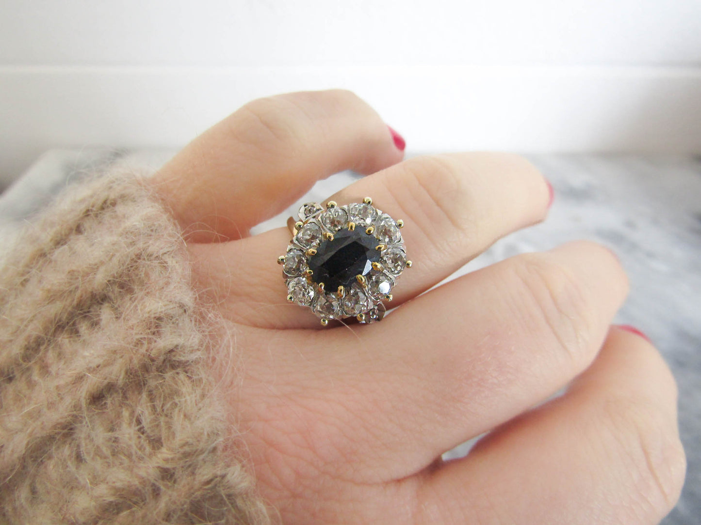 1.7 Carat Art Deco Sapphire and Diamond Ring, Antique Pompadour Daisy Ring c. 1910