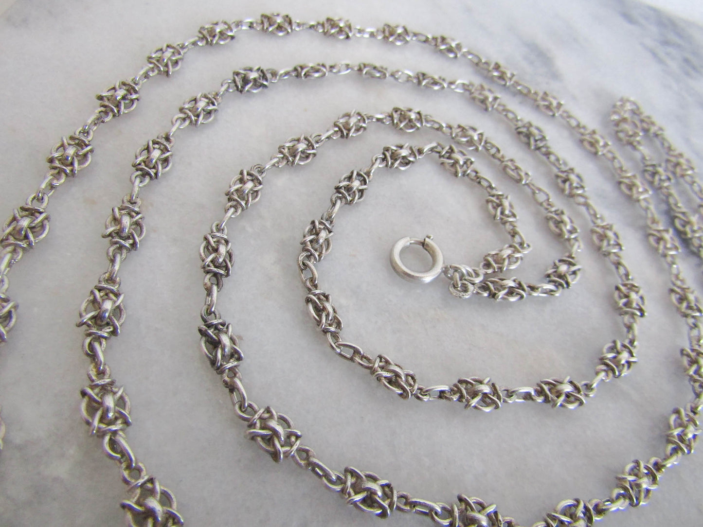 56" Antique Silver Victorian Fancy Chain, French Belle Epoque Long Guard Chain, XIX Century Muff Chain