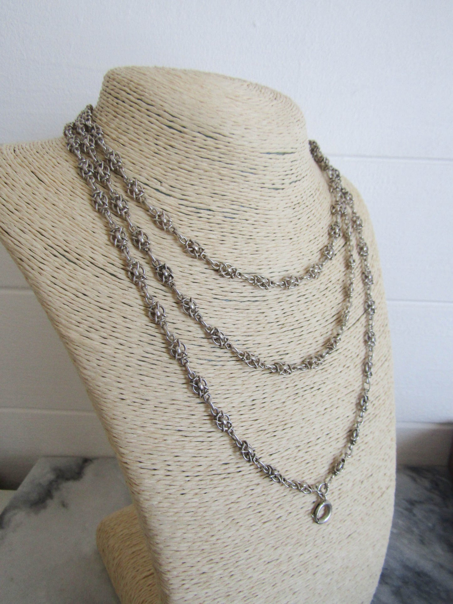 56" Antique Silver Victorian Fancy Chain, French Belle Epoque Long Guard Chain, XIX Century Muff Chain